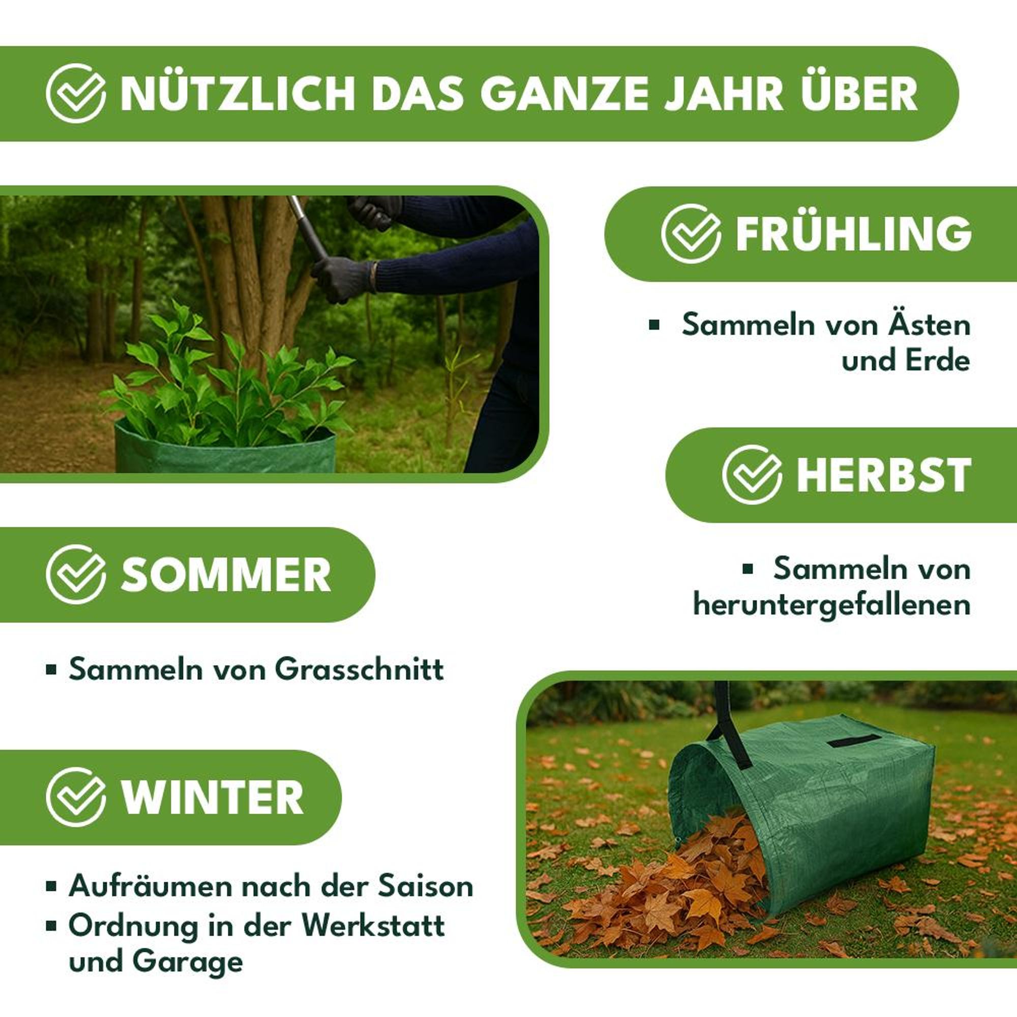KRUMAD Gartensack 200L Laubsack mit 2 Griffen Gartenabfallsack aus Robustem Polypropylen 56x43x76 cm Faltbar Wetterfest Für Laub Gras Äste