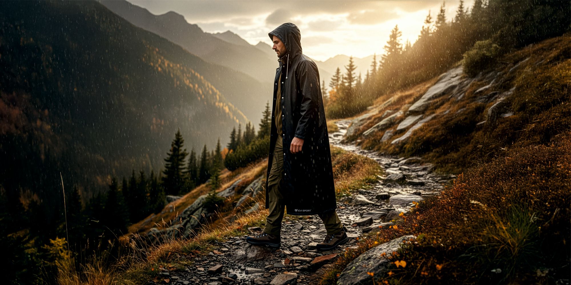Regenponcho Damen Herren, Regenmantel Wasserdicht aus EVA, Leichter Regenschutz mit Kapuze, EVI SPORT StormGuard Black