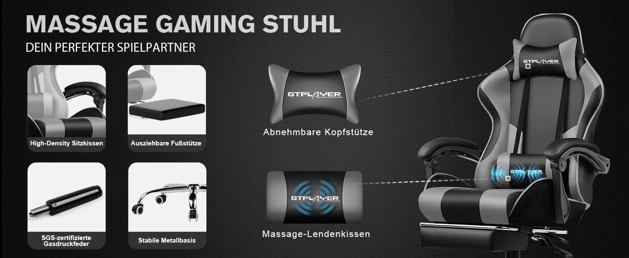 GTPLAYER Bürostuhl Gaming Stuhl Massage Gaming Sessel Ergonomischer Gamer Stuhl mit Fußstütze, Kopfstütze Massage-Lendenkissen, Gepolstert Gaming Chair, Drehsessel