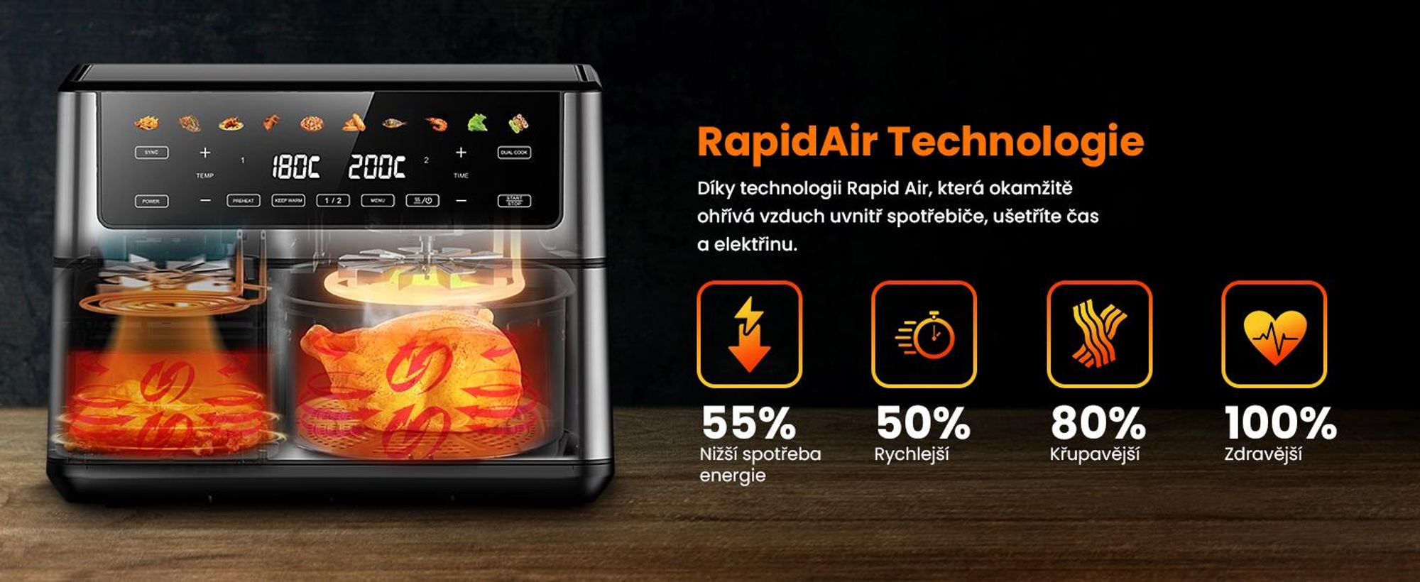 Extralink Air Fryer Dual Basket 10 l horkovzdušná fritéza 2500 W se 2 koši a dotykovým displejem