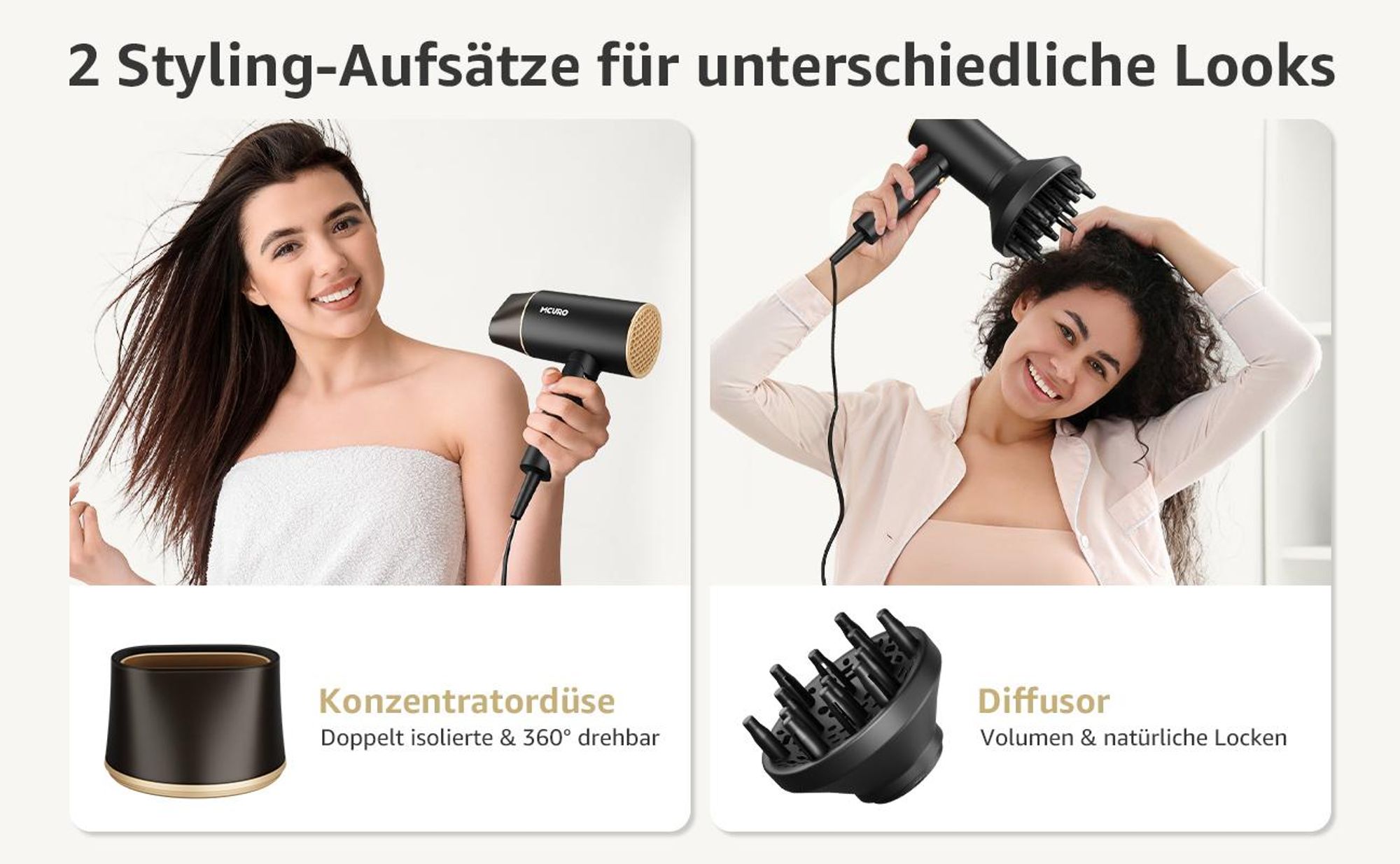 MCURO Haartrockner Ionen 2100W, Profi Föhn mit Heiß-/Kaltlufttaste, 2 Heizstufen & 3 Geschwindigkeiten, Faltbarer Reisehaartrockner, Schnelltrocknend, Schwarz
