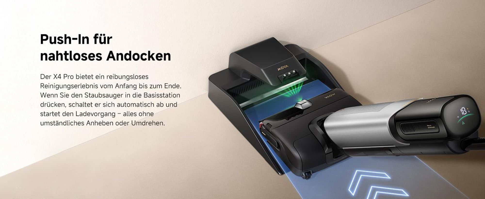 MOVA X4 Pro Nass-Trocken-Sauger, Heißwasser-Wischfunktion, Tangle-Free, Selbstreinigung bei 100 °C, 20 kPa Saugkraft, Push-In-Basisstation