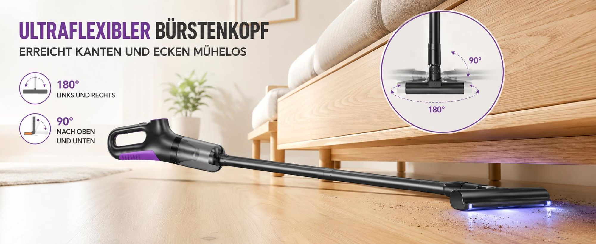 4-in-1 Akku-Staubsauger, 15.000 Pa, kabelloser Hand- und Stielstaubsauger mit LED-Anzeige & HEPA-Filter, für Hartboden, Teppich und Tierhaare, Lila