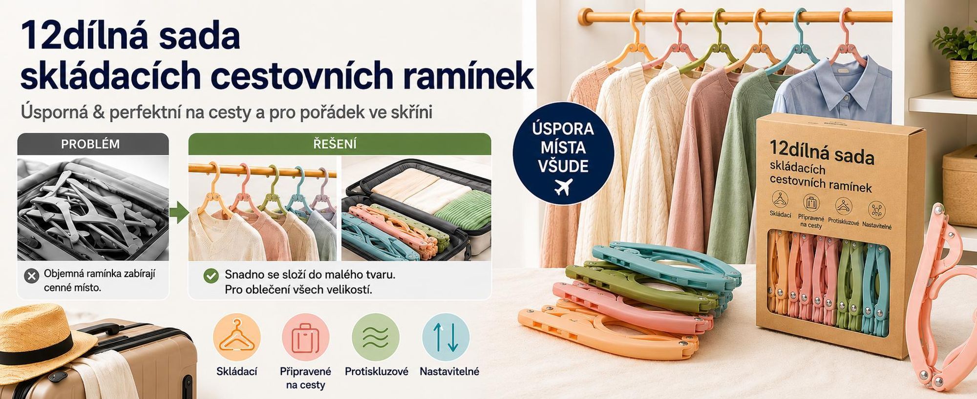 Sada 12 skládacích prostorově úsporných ramínek, nastavitelná cestovní ramínka na dětské oblečení a zimní kabáty – FOLDGERS