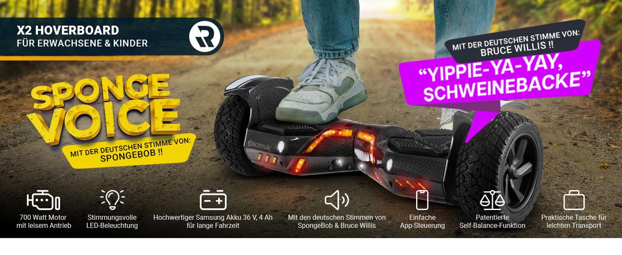 ROBWAY X2 Hoverboard | 700 Watt - 8,5 Zoll - 15 km/h - App - Bluetooth - LEDs - Für Erwachsene & Kinder - Self-Balance - Bis 120 Kg (Metro Camo)
