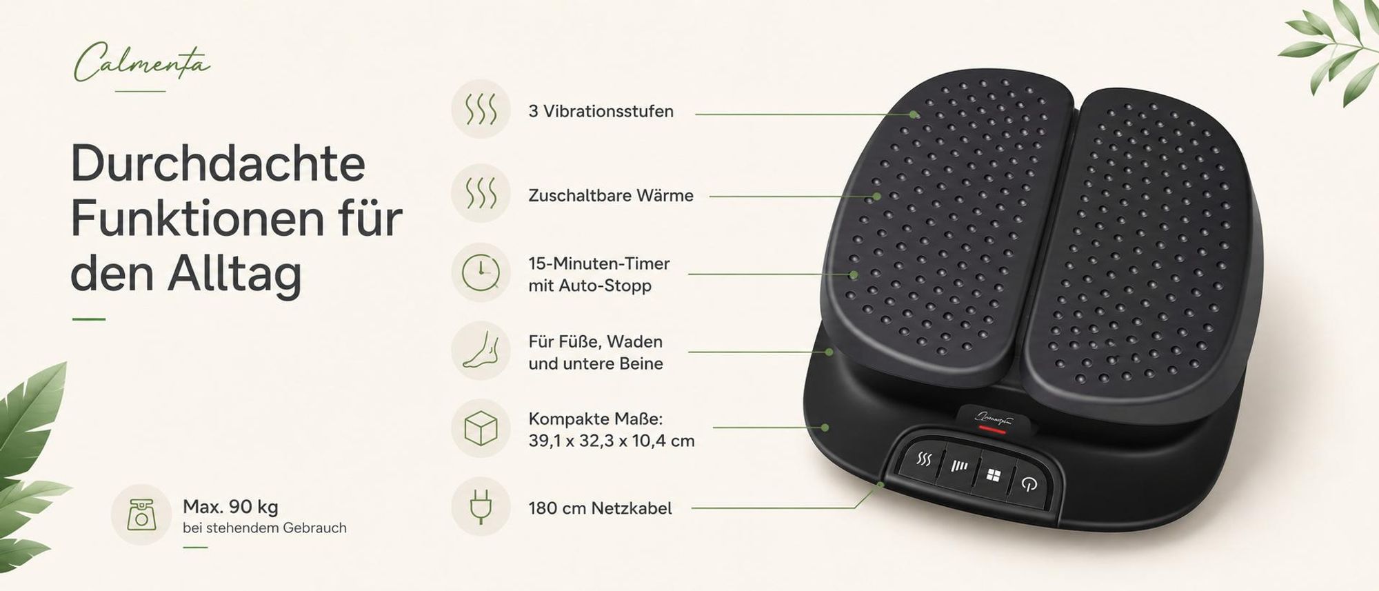Funktionen: 3 Vibrationsstufen, Wärme, 15-Minuten-Timer, Maße 39,1 x 32,3 x 10,4 cm