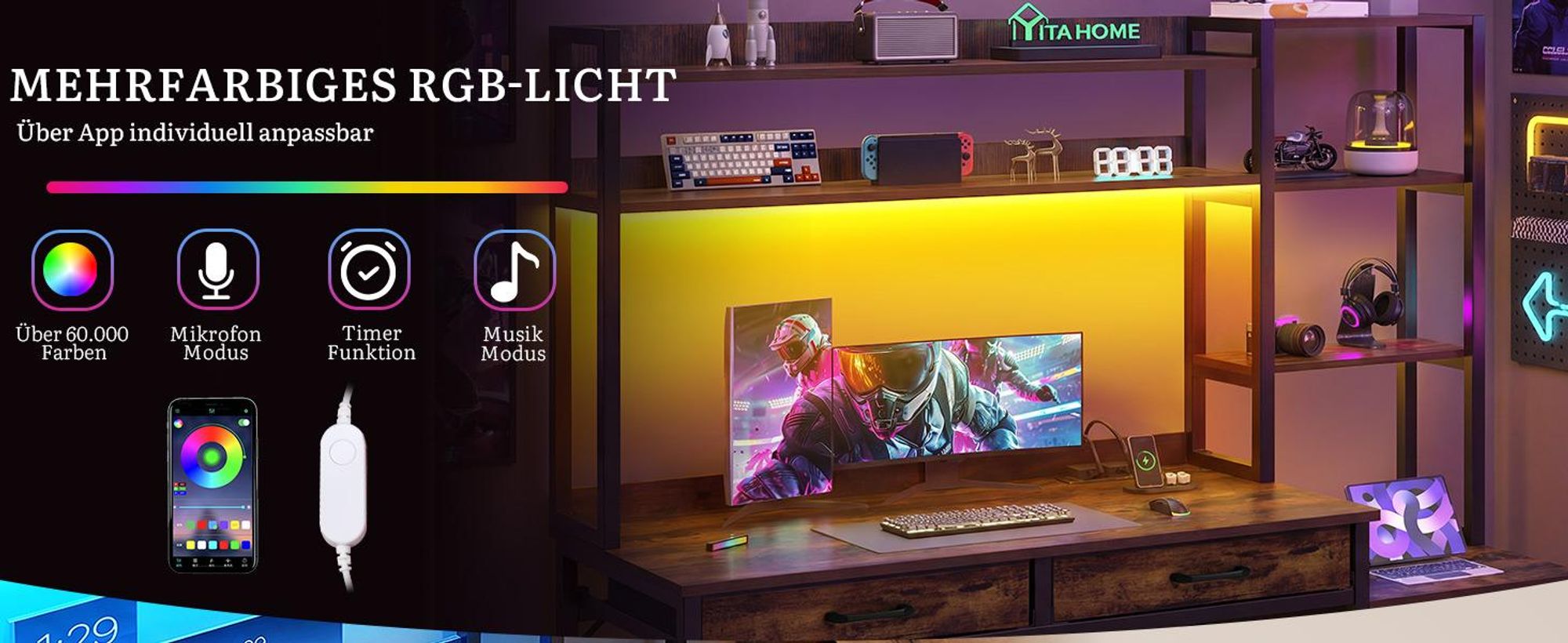 YITAHOME Computertisch LED Schreibtisch mit 4 Schubladen, Steckdose, Aufbewahrungen & Regale, 150x50x150 cm, Braun