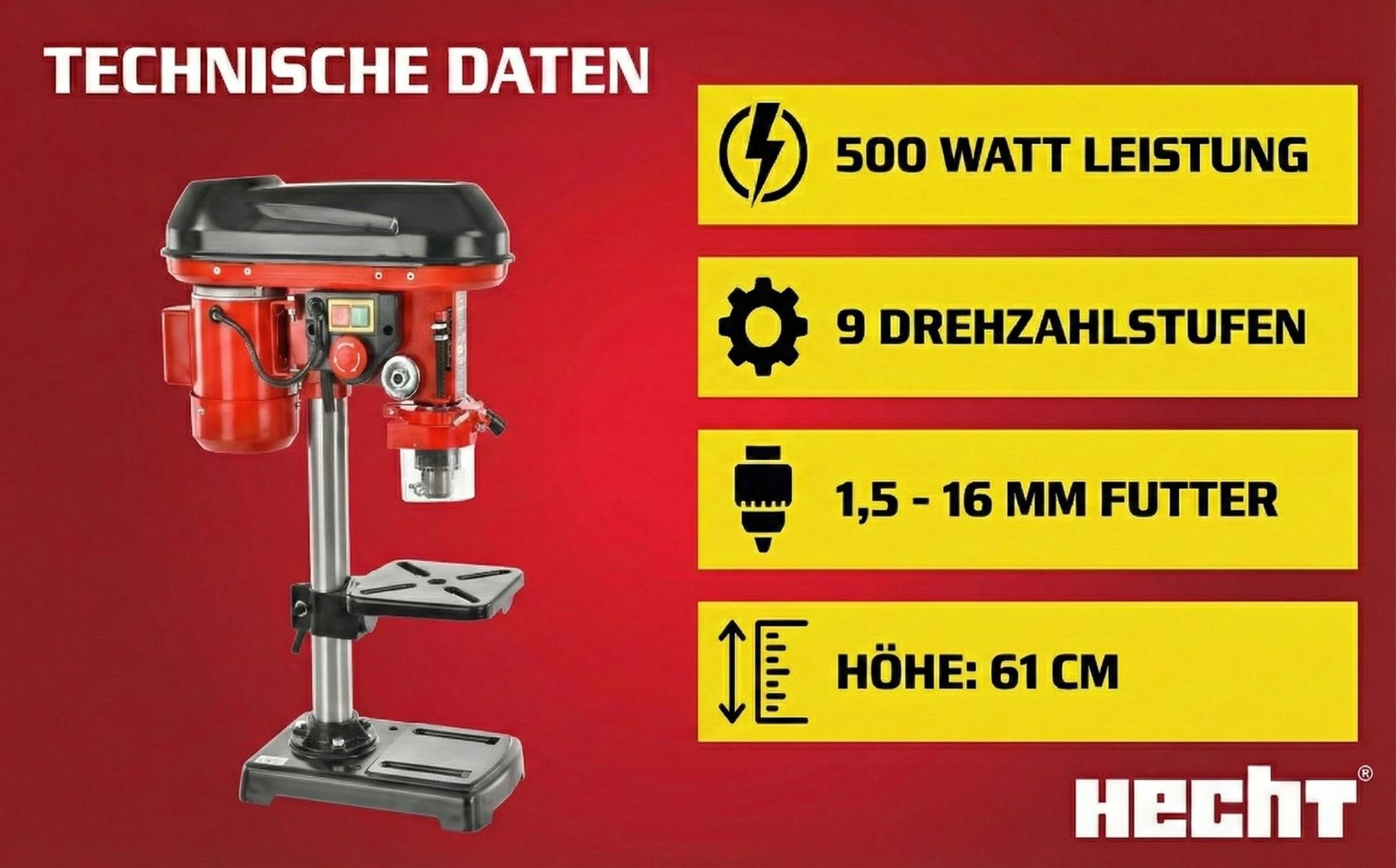 HECHT 1055 Standbohrmaschine | 500 W | 50 mm Spindelhub | 2700 U/min | 1,5 - 16 mm Bohrfutterspannweite