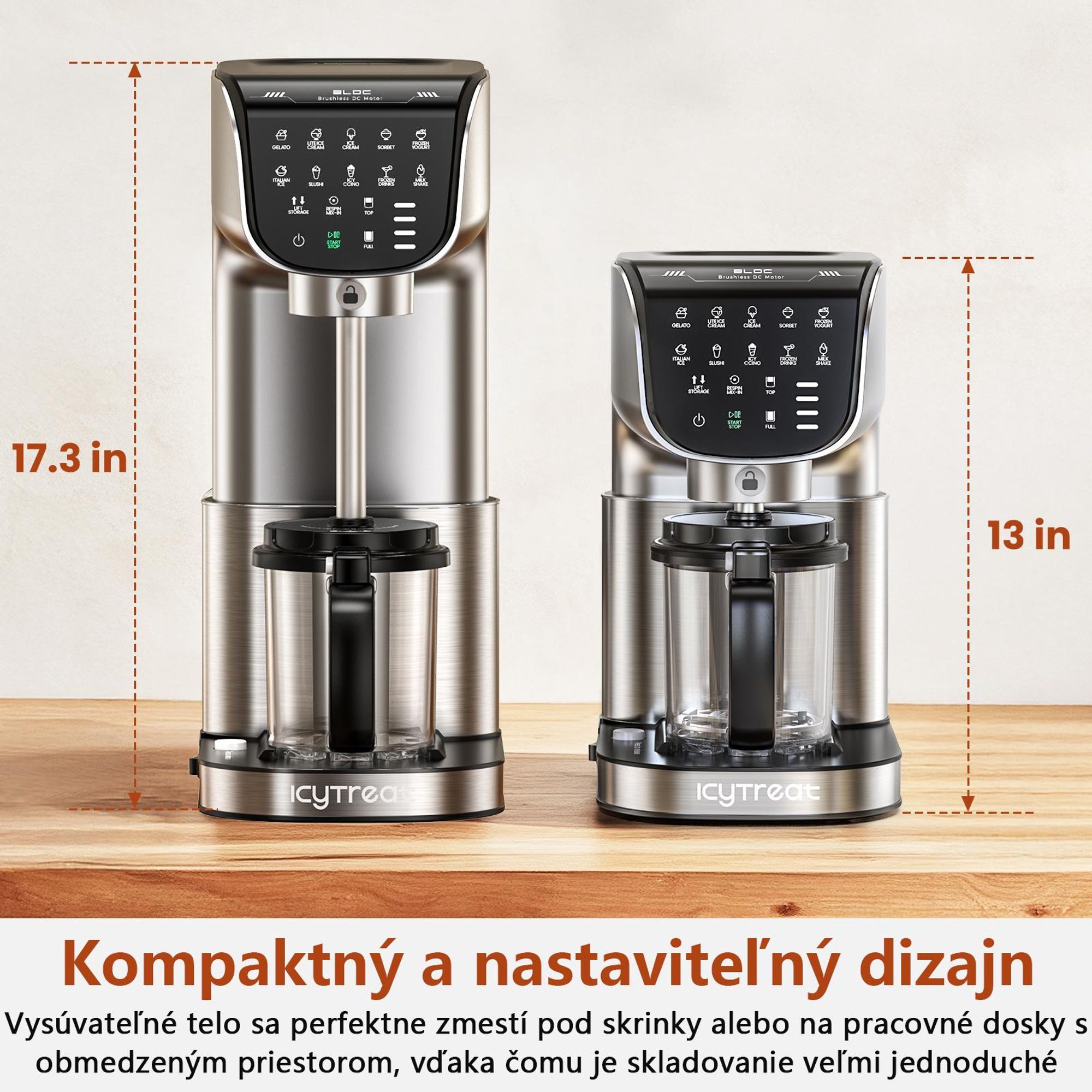 Výrobník zmrzliny IcyTreat IC-1010 EU – CE – Plne automatický, kryt z nehrdzavejúcej ocele – Vybavený 3 nádobami a 12 programami – Strieb