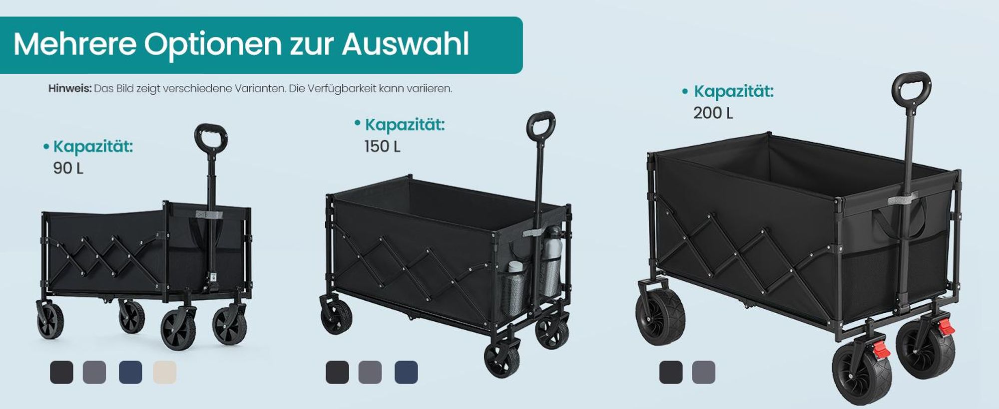 SONGMICS Faltbarer Bollerwagen, Transportwagen 200 L, Handwagen mit Griff, Outdoor Garten, 4 verstärkte Rollen, schwarz