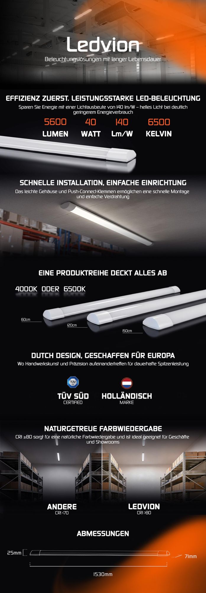 Ledvion 20er Set Feuchtraumleuchte LED 150cm 40W 5600lm 6500K IP20