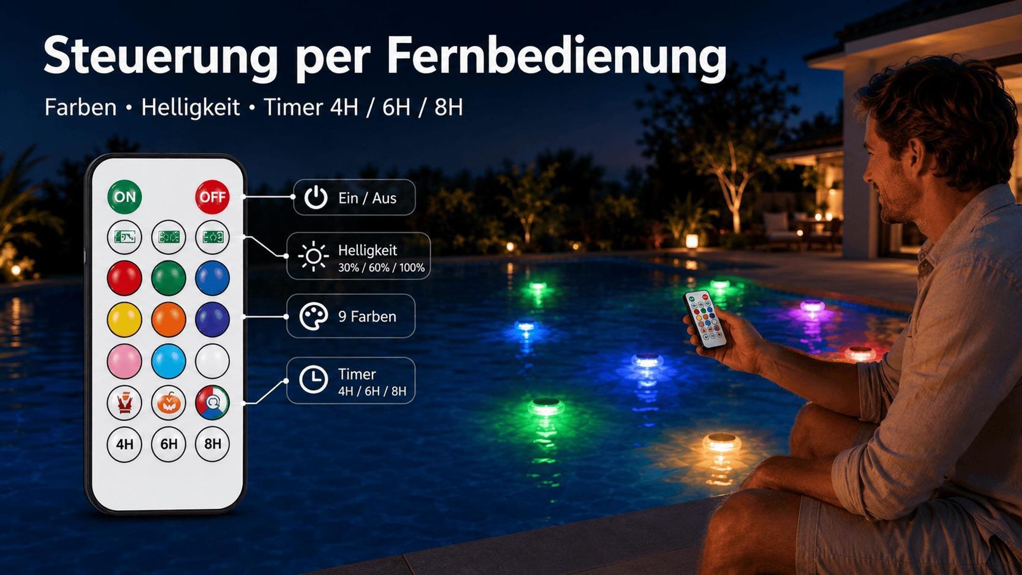 Poolleuchte Solar Schwimmende, wasserdicht IP67, 9 Farben RGB, 3 Helligkeitsstufen, 10H Laufzeit, Fernbedienung, Timer, Solar LED Pool Licht