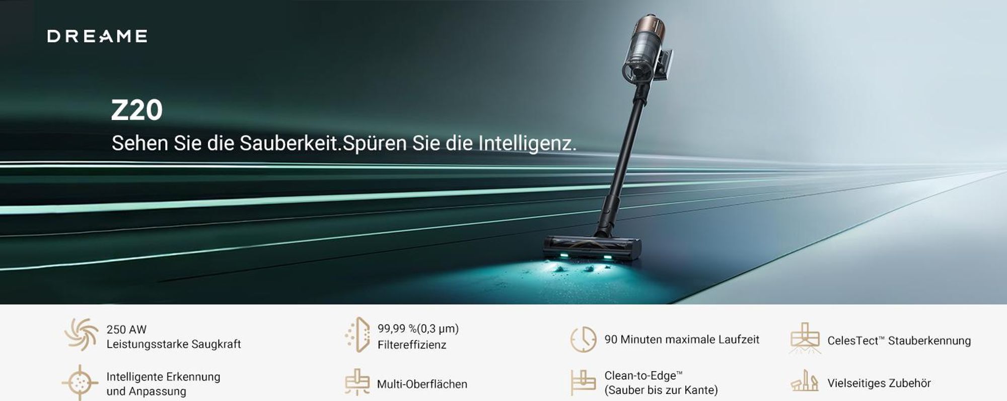 Dreame Z20 Kabelloser Staubsauger,250AW Saugleistung,H14-HEPA,Dust Reveal,Saugleistung für mehrere Oberflächen,Schmutzerkennung,0-Tangle Handstaubsaug