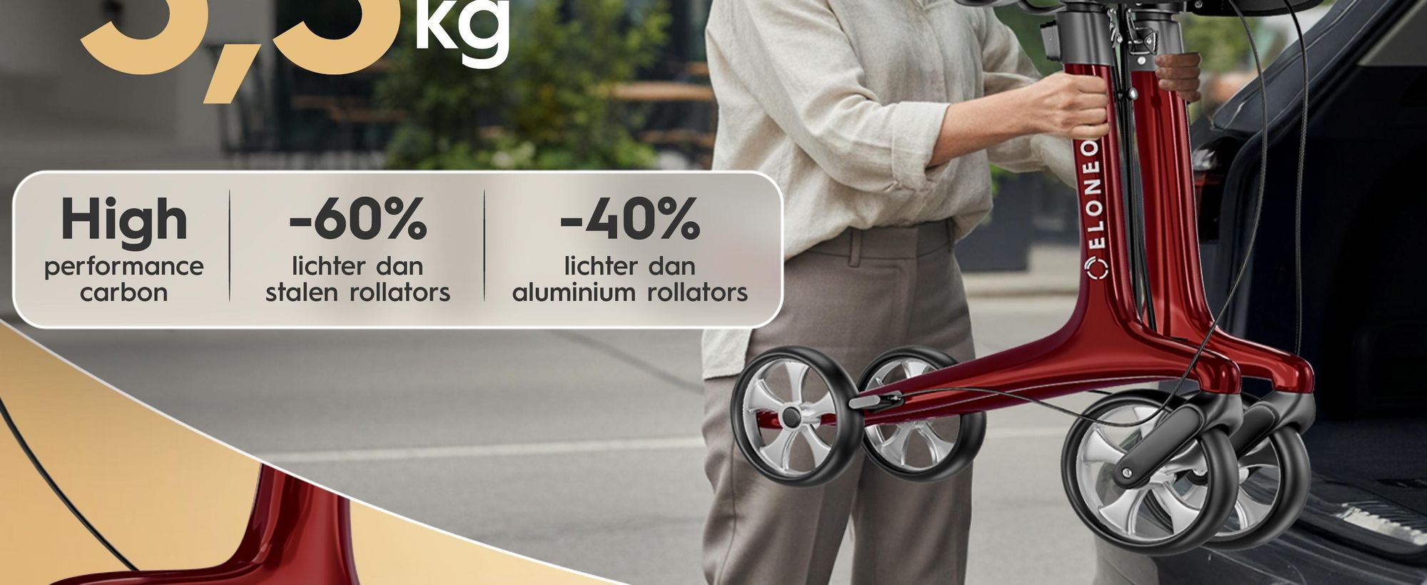 ELONEO Carbon rolstoel, inklapbaar en lichtgewicht, met zitplaats, lichtgewicht reiskruk, ultralicht, rood - maat L