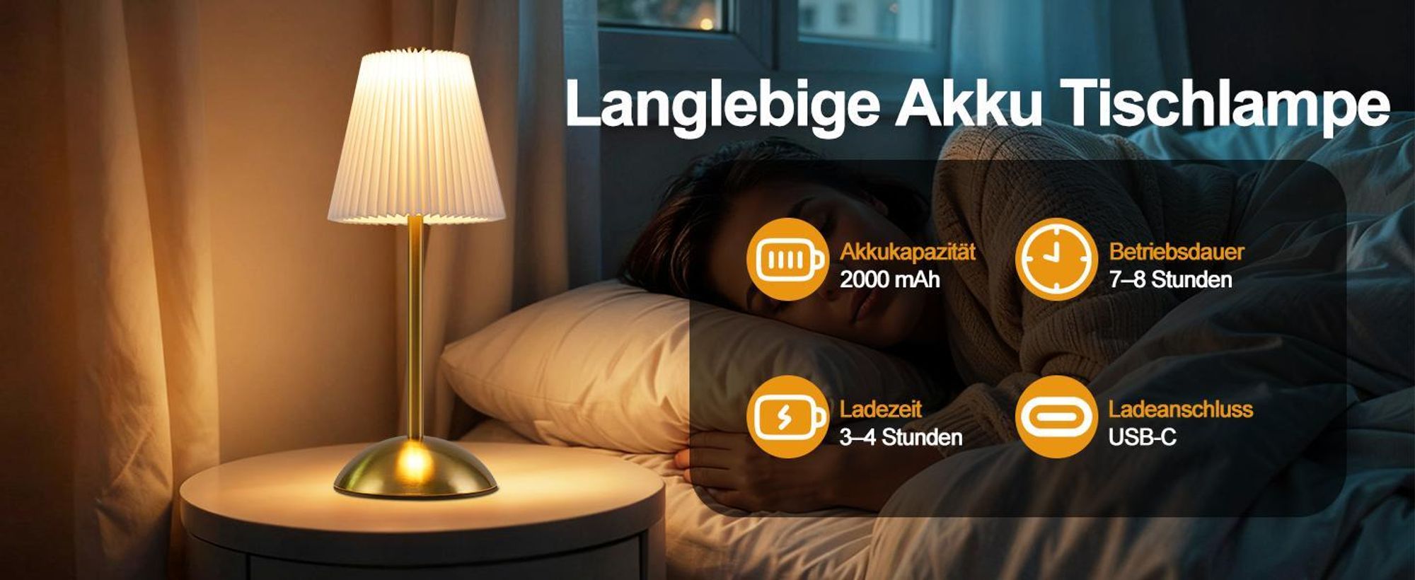 ZMH Stolní lampa Bezdrátová noční lampa Sada 2 LED stolních lamp Dotykové stmívatelné noční lampy s USB Bílé látkové stínítko do ložnice