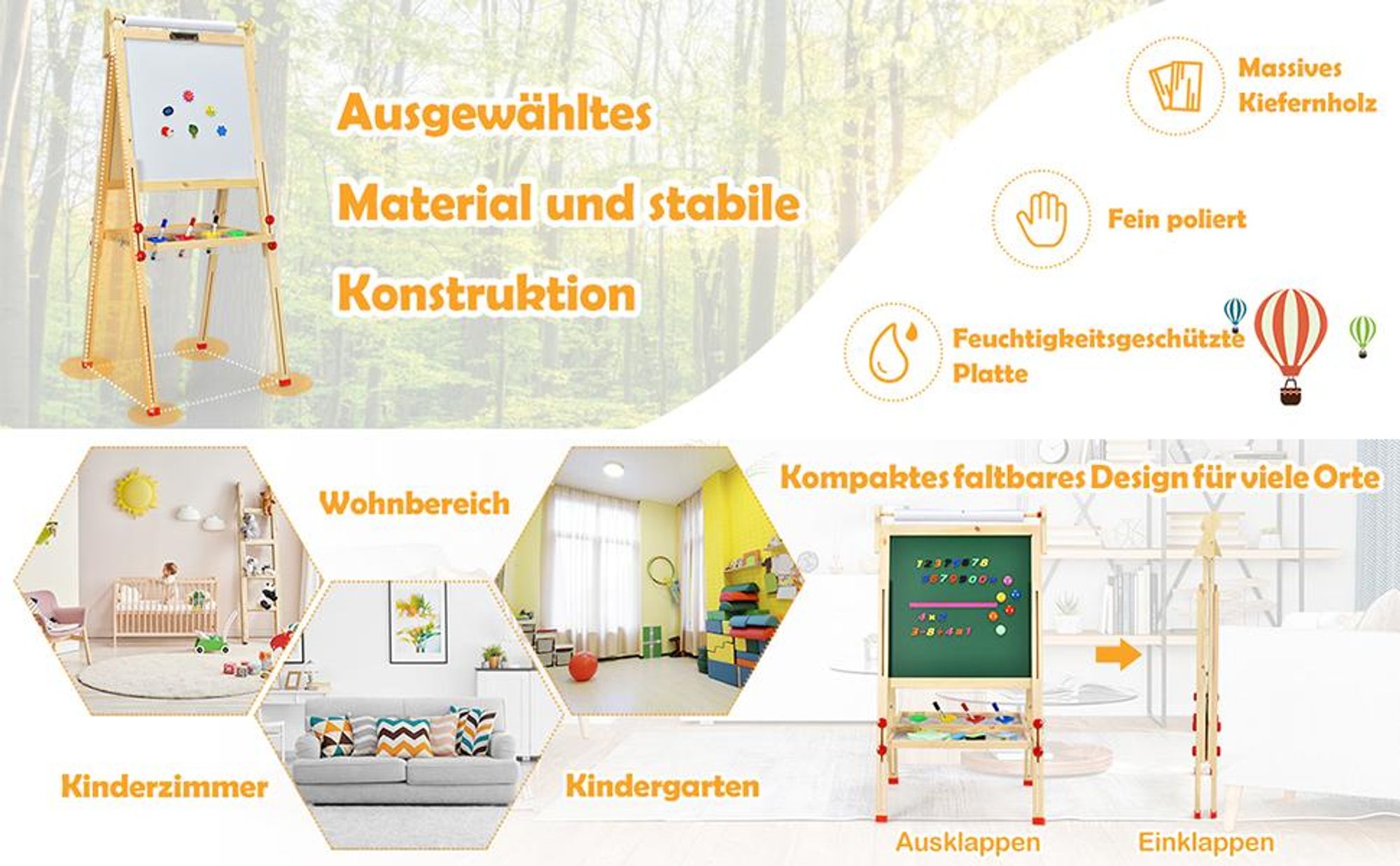 COSTWAY 3 in 1 Kindertafel aus Holz, Kinder Staffelei höhenverstellbar mit Whiteboard & Kreidetafel & Zeichenpapier, Magnettafel mit Ablage&Zubehör