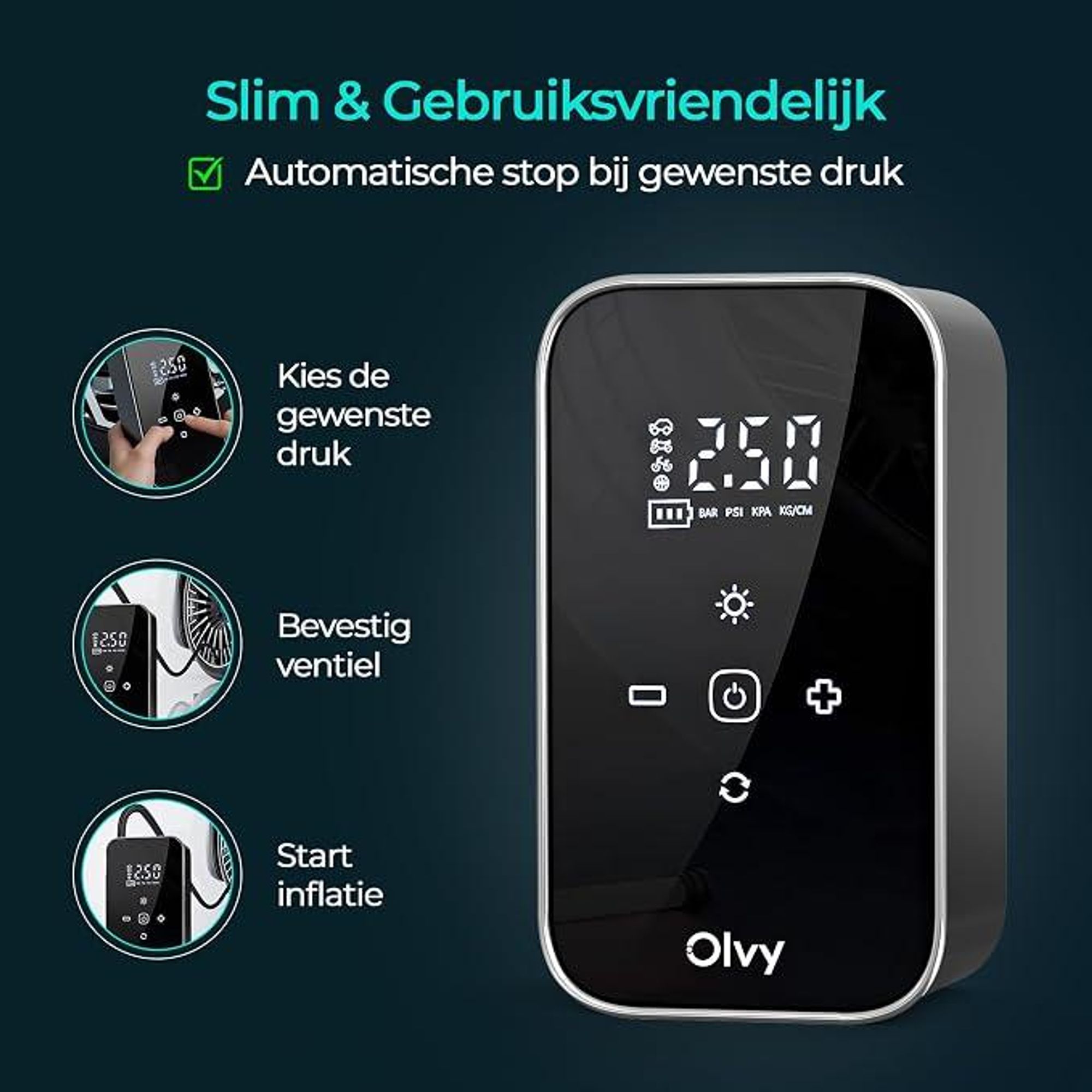Olvy Elektrische luchtpomp met powerbank van 6000 mAh – 12V mini-compressor voor auto, fiets, ballen, luchtbed, display, LED, automatische uitschakeling
