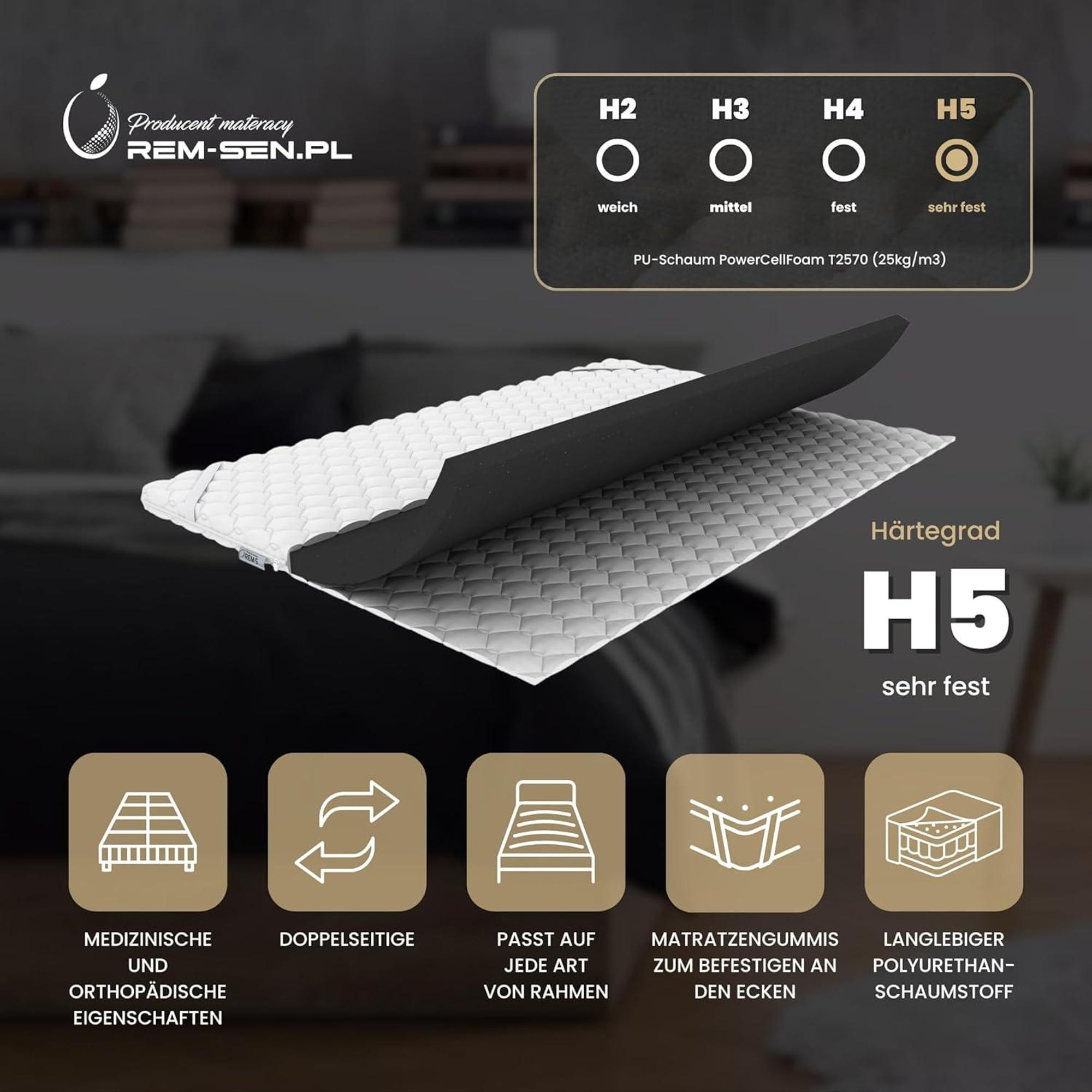 REM-Sen Matratzen Topper Matratzentopper 180x200cm Höhe 6cm Härtegrad 5 (H5) Mattress Topper aus sehr hart Polyurethanschaum, Dreilagige Membranhülle Für Sofa oder jeden Platz,