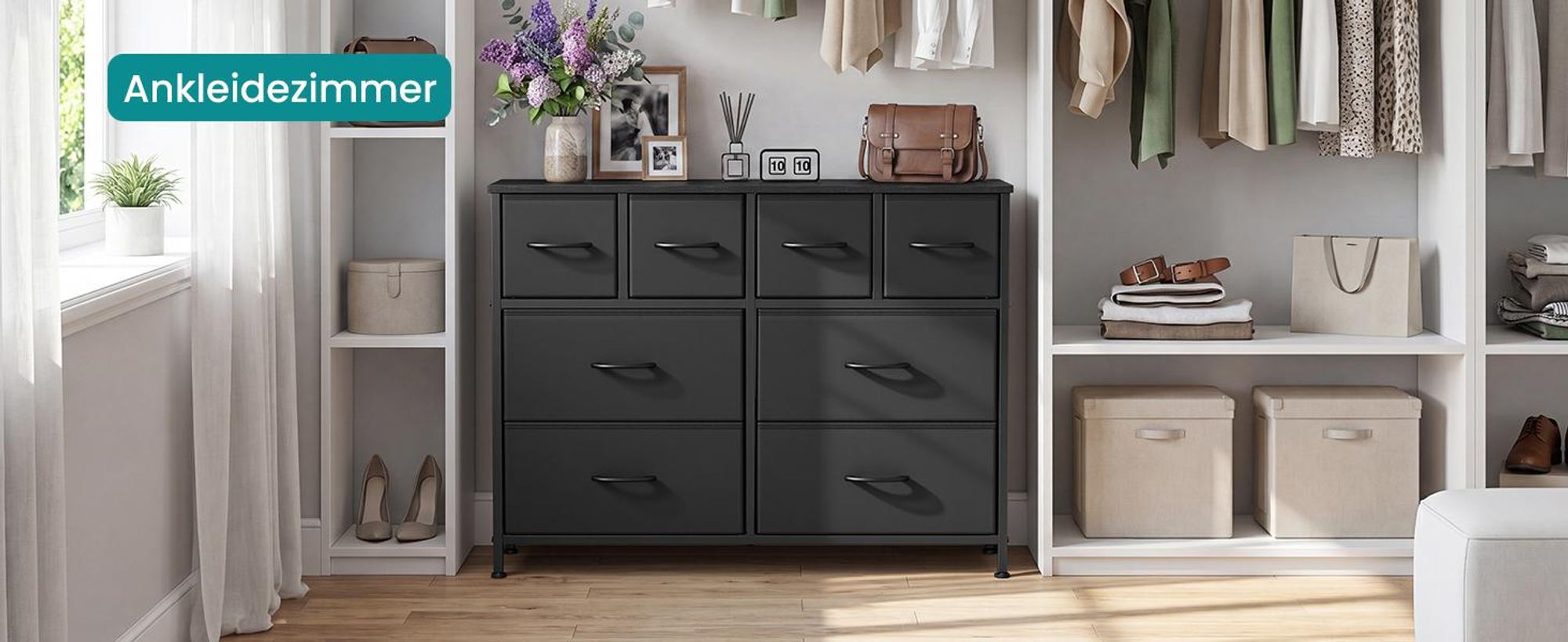 SONGMICS Kommode mit 8 Stoffschubladen, Aufbewahrungsschrank mit Metallrahmen, 98,7 x 30 x 74,7 cm, Schwarz