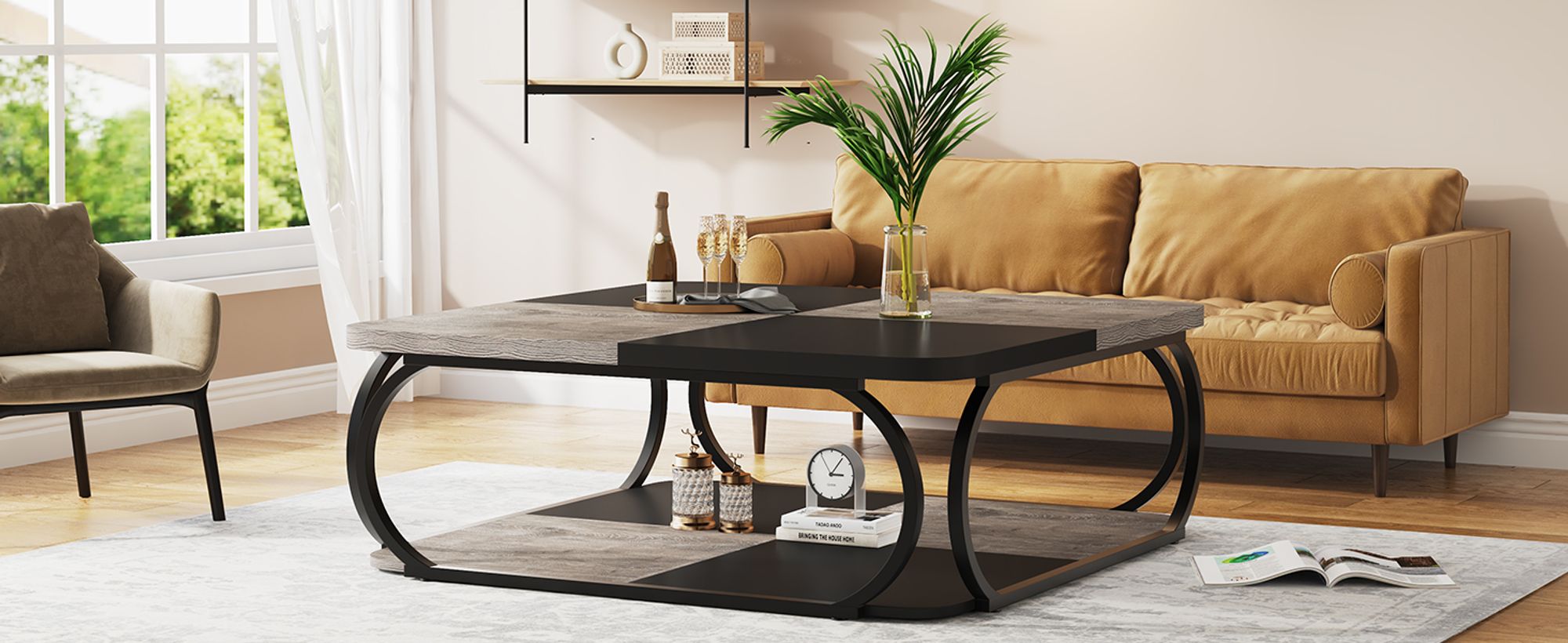 Tribesigns Quadratischer Couchtisch mit 2 Ebenen, 101 cm niedriger Bauernhaus-Couchtisch mit Holzregal für modernes Wohnzimmer, Schwarz Grau