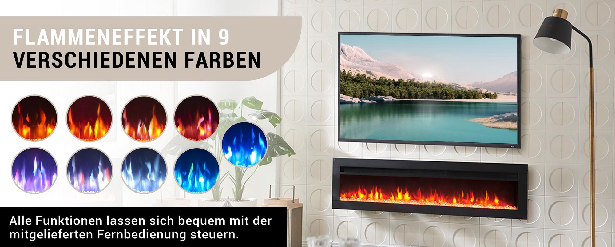 BALDERIA Elektrokamin Agnes 50" | 3in1 Stand/Wand/Einbaukamin, 3D-Flammeneffekt, dimmbar, Heizung 1800W, Timer, Thermostat, Startsteuerung | Schwarz