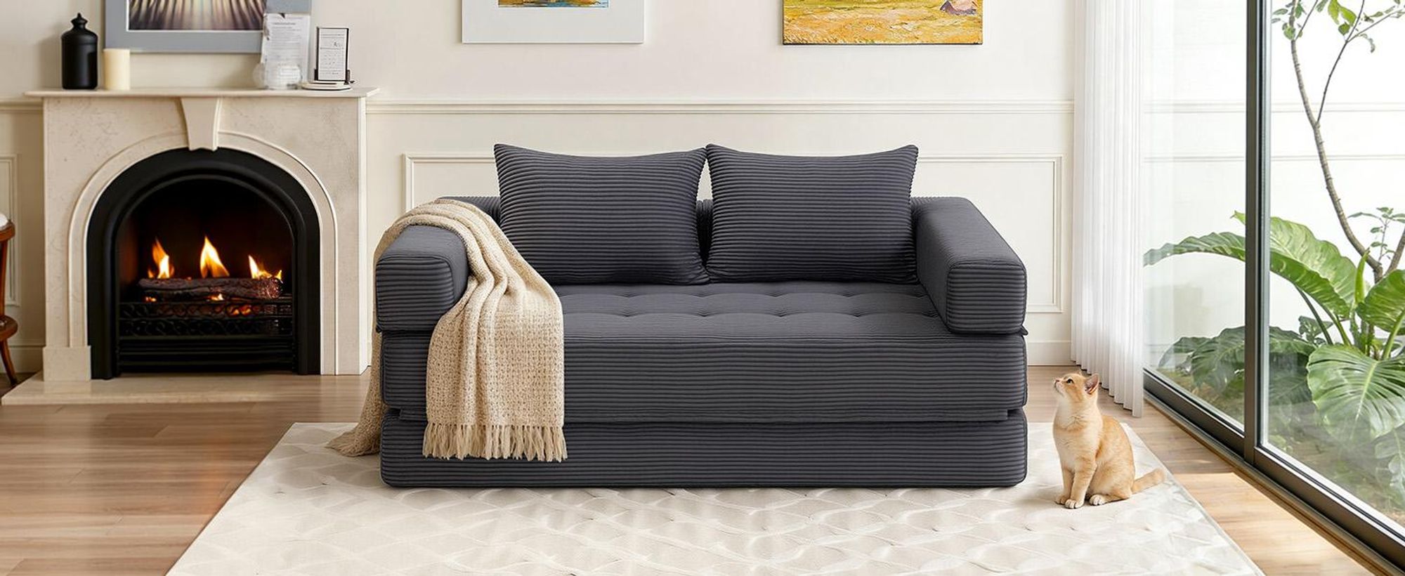 HOMMPA 5-in-1 Klapp-Schlafsofa, extragroß, Bodenschlafsofa, Cord-Klappmatratze, Sofa für Wohnzimmer, Schlafzimmer, Lounge, Queen 180x148cm, Grau