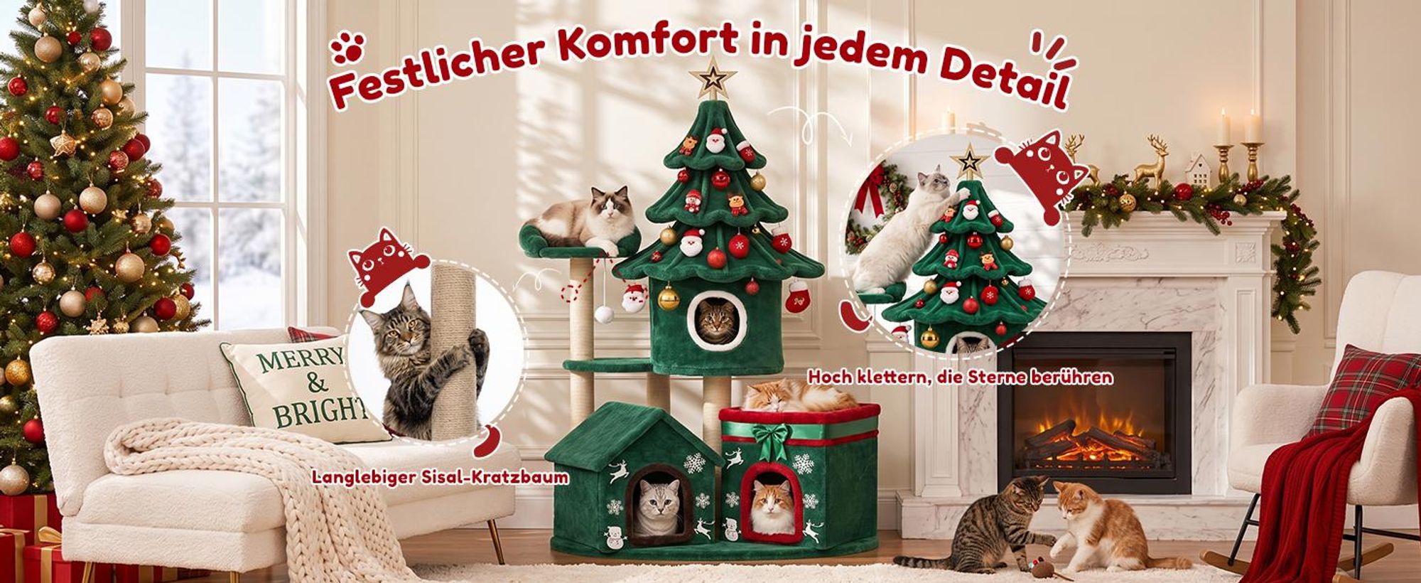 COMHOMA Kratzbaum 155cm, großer Katzenbaum, Multi-Level mit Kratzsäulen, mehrstöckiger Katzenturm, Aktivitätskratzbäum mit Katzenspielzeug, Weihnachts