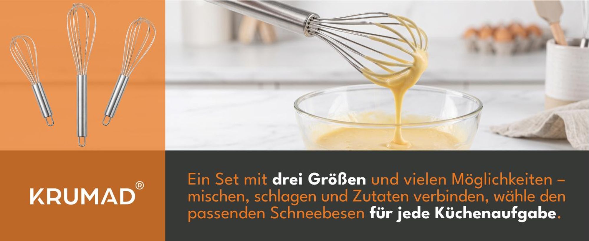 KRUMAD Schneebesen Set 3-teilig, Edelstahl Rührbesen, Hand Schneebesen Küche, Quirl zum Verquirlen, Mischen und Backen, spülmaschinengeeignet