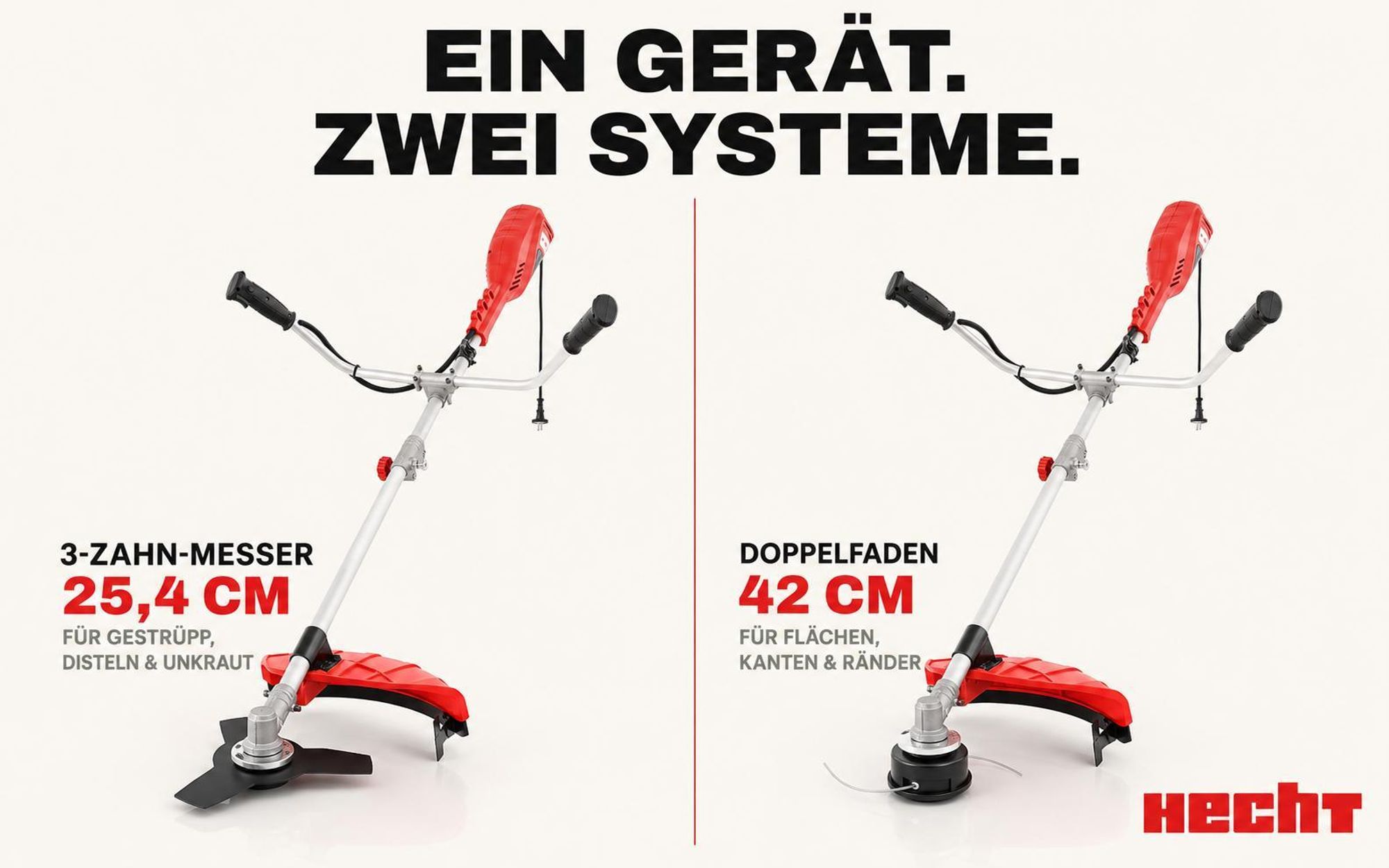 HECHT 1445 Freischneider Elektro | mit Tragegurt | 25,5 und 42 cm Schnittkreis | 1400W | 230V | Elektrosense