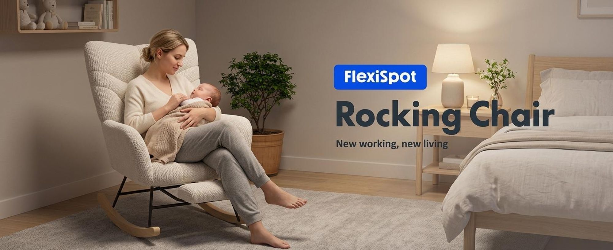 FLEXISPOT Schaukelstuhl Schaukelsessel hohe Rückenlehne & Fußstütze, Moderner Relaxsessel mit Holzkufen, gepolstert für Wohnzimmer, bis 120 kg Weiß