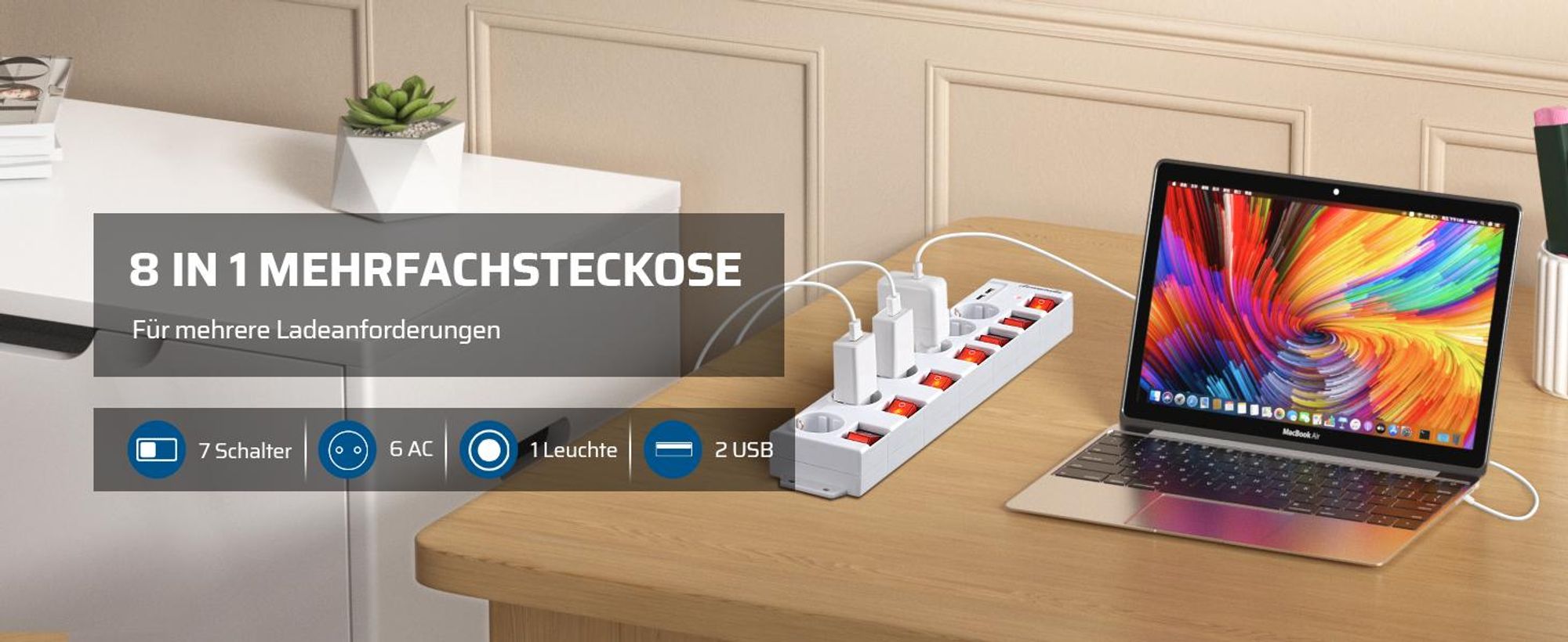 DEWENWILS 3m Steckdosenleiste mit USB, Mehrfachsteckdose Einzeln Schaltbar, Weiß