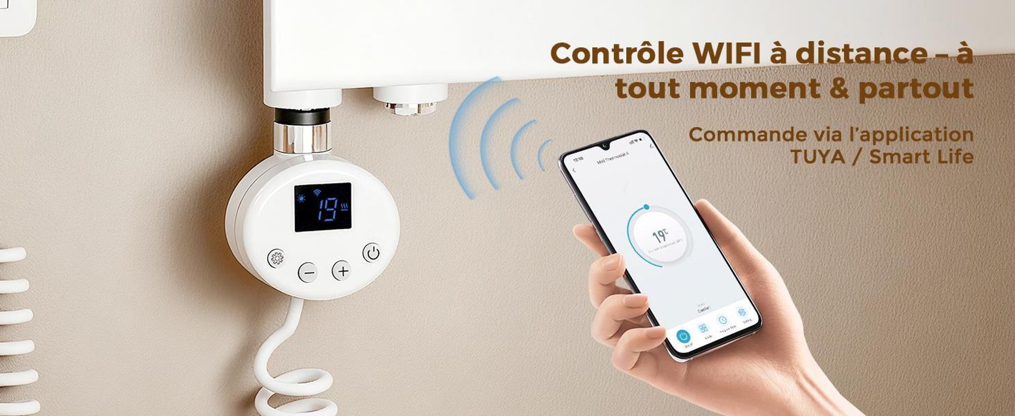 S'AFIELINA thermoplongeur avec thermostat 900W, minuterie programmable & affichage LCD, WiFi, pour radiateur de salle de bain, acier inoxydable, contrôle intelligent, blanc