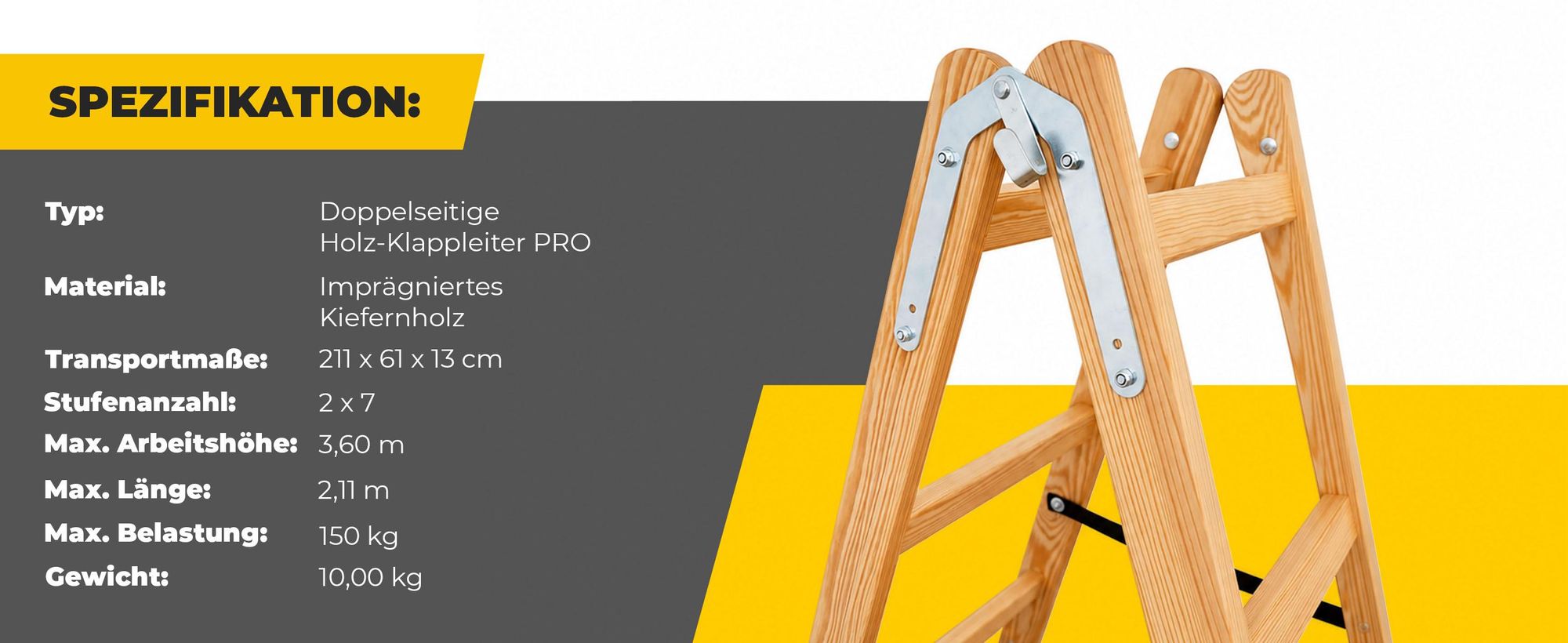 DRABEST | Leiter - PRO Serie - Malerleiter Holz - Holzleiter - 2 x 7 Stufen - Zweiseitige Klappleiter - Haushaltsleiter - bis 150 kg belastbar