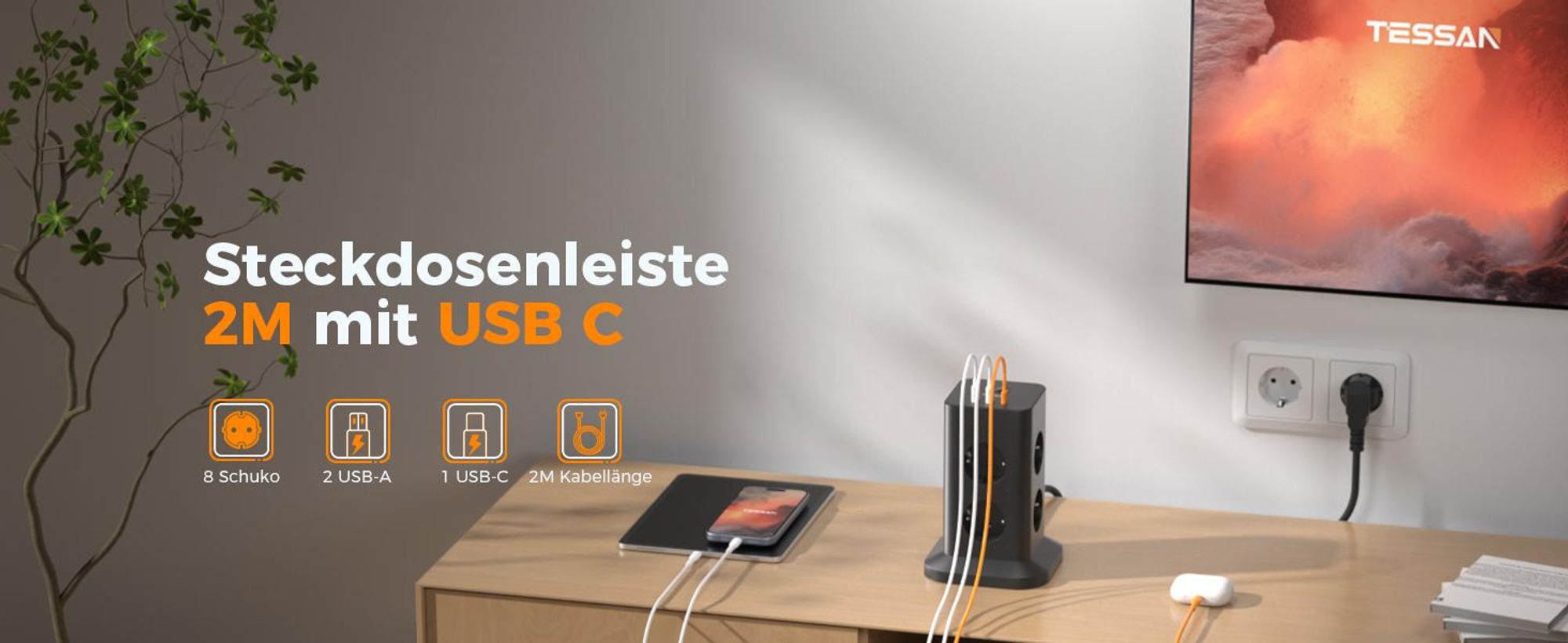 Mehrfachsteckdose 8 Fach Steckdosenleiste mit 1 USB C und 2 USB A Kabel 2M