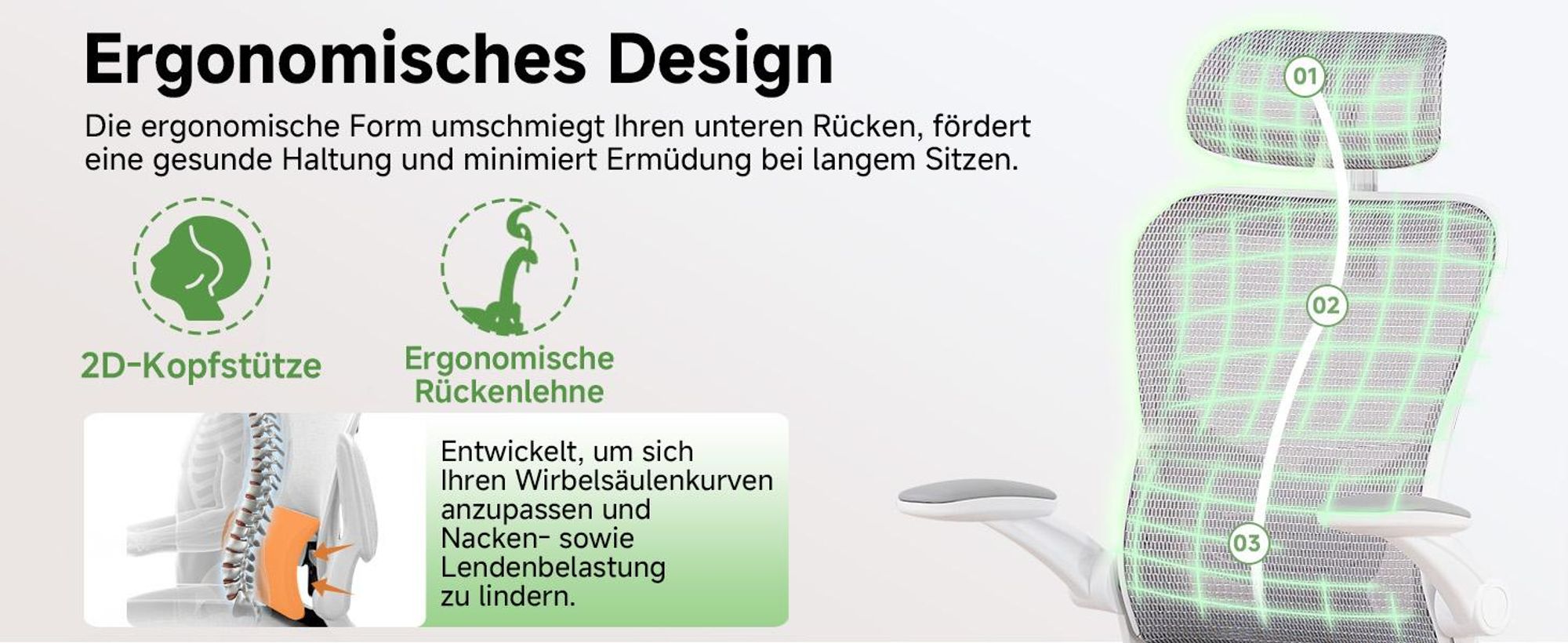 COMHOMA Bürostuhl Ergonomisch, Schreibtischstuhl mit Verstellbarer Kopfstütze, Armlehnen, Lendenwirbelstütze, Wippfunktion, Chefsessel aus Mesh, 150kg