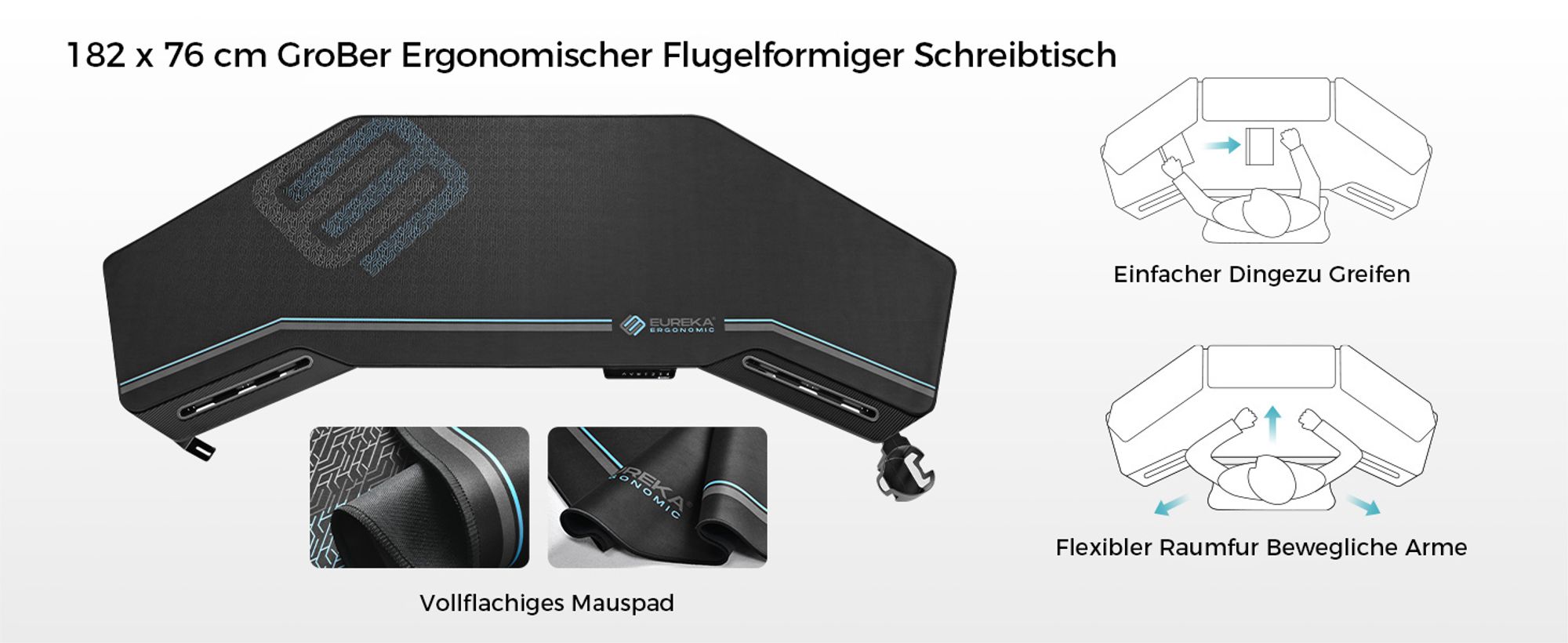 EUREKA ERGONOMIC Elektrisch Computertisch 182×76cm Höhenverstellbarer Schreibtisch Stehpult Gaming Tisch mit Monitorständer und Tastaturablage