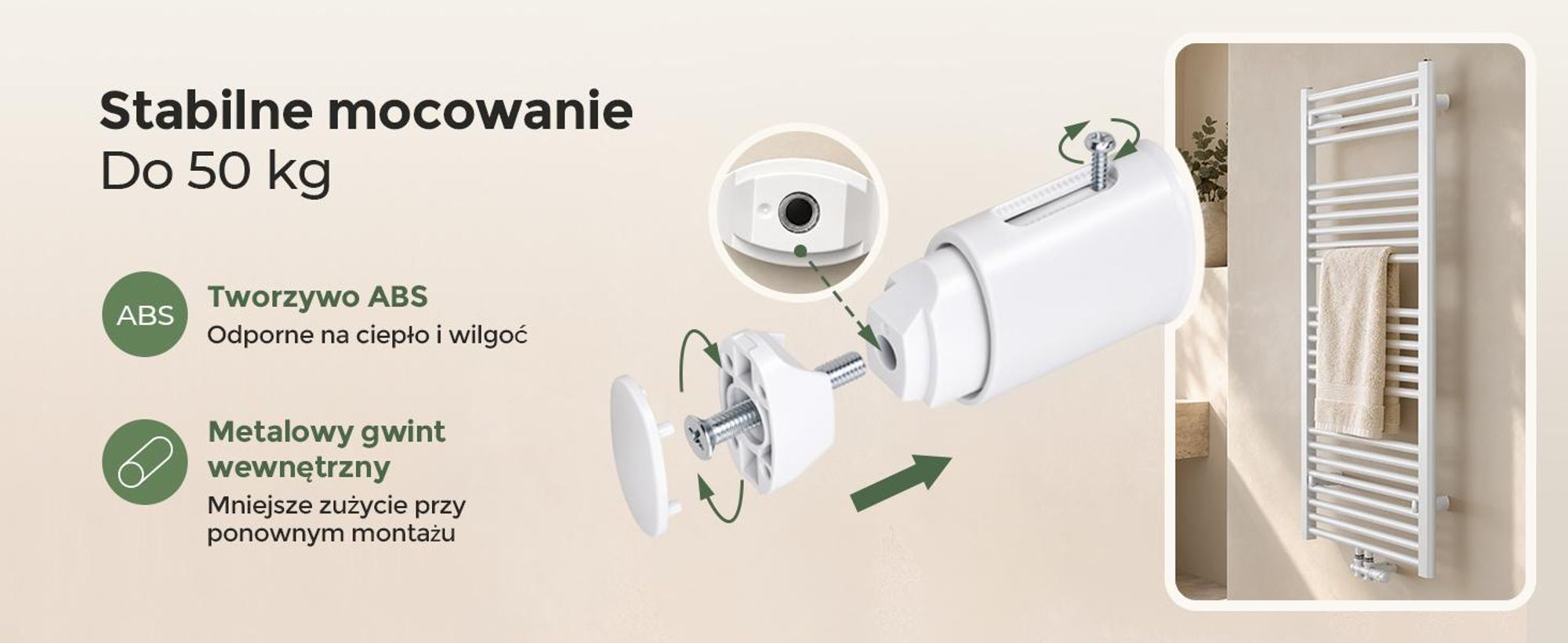 Uchwyty do grzejnika łazienkowego, zestaw 4 szt., białe, do prostych rur okrągłych Ø22–25 mm, Rozstaw osi 40–45 mm, regulacja 20 mm, 1 sztuki