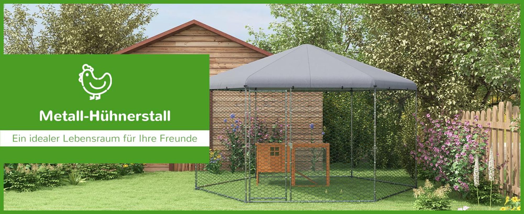 PawHut Hühnerstall 400 x 346 x 263 cm Freilaufgehege aus Stahl, Hühnerkäfig mit Abdeckung, Tür, Hühnergehege für 10-15 Hühner, Kleintiere, Grau