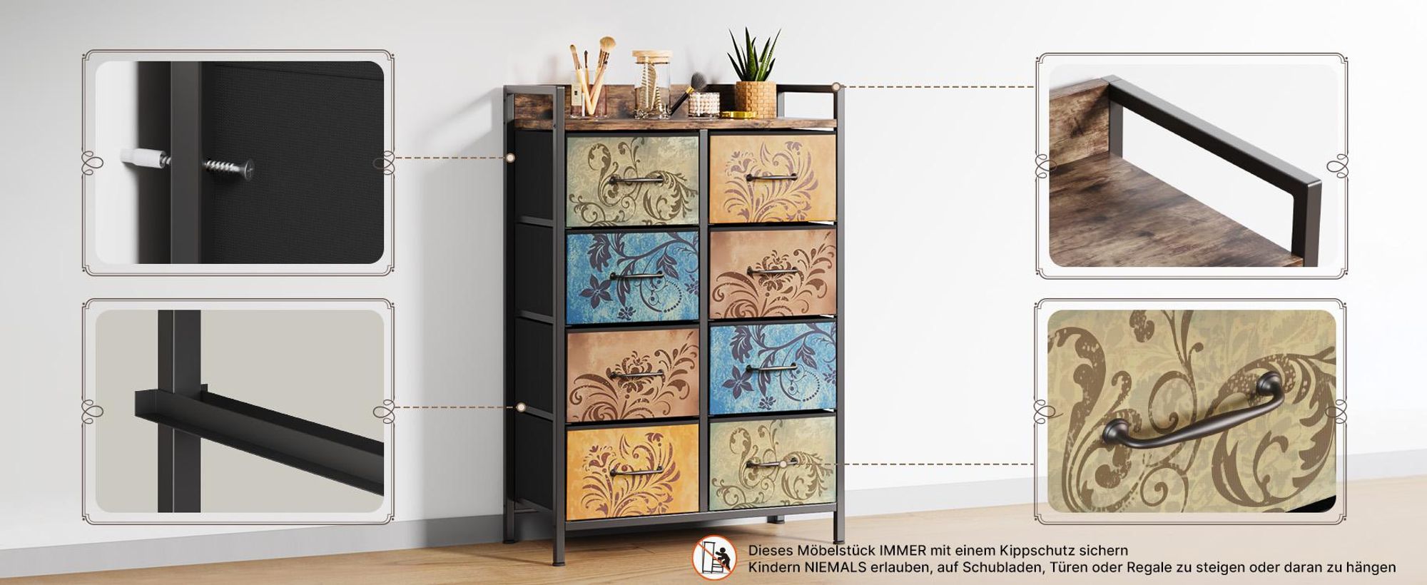 Mondeer Kommode Schubladenschrank mit 8 Blumenstoff Schubladen,mit Metallrahmen und Schubladen aus Vliesstoff, Retro-Stil 66.5x30x105.5cm