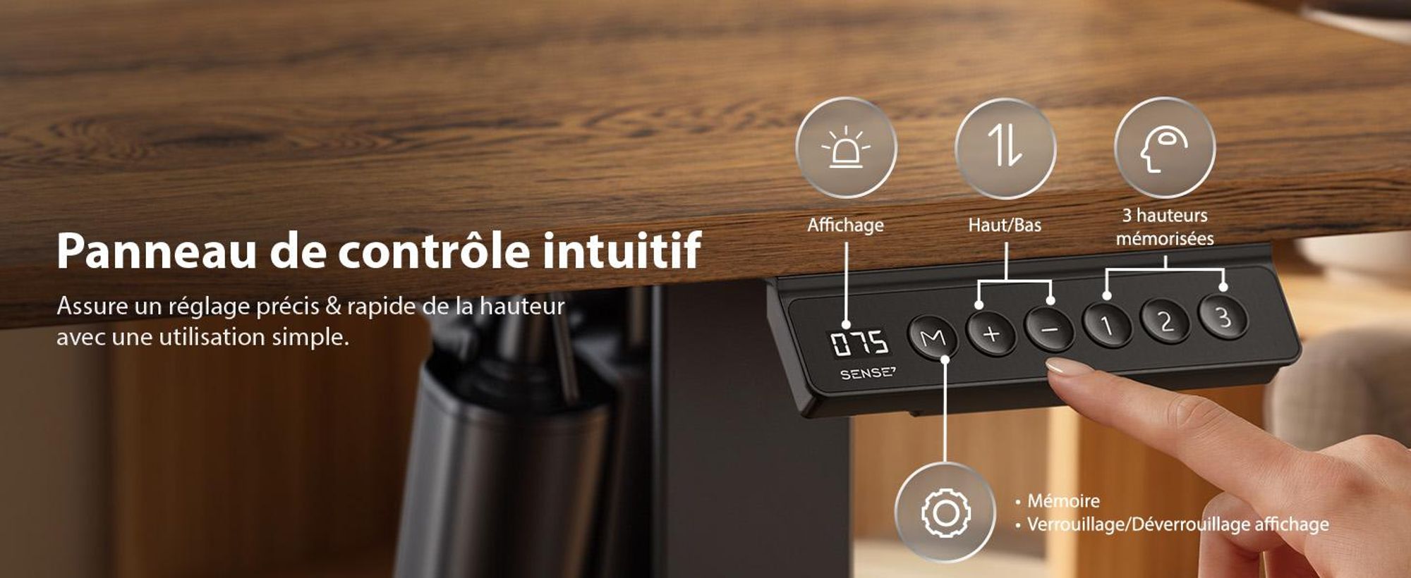 Bureau d'angle SENSE7 NOJO, modèle Light Corner, électrique, réglable en hauteur, dimensions 160x140, forme en L, bureau debout, double moteur, aspect bois, couleur marron foncé et noir
