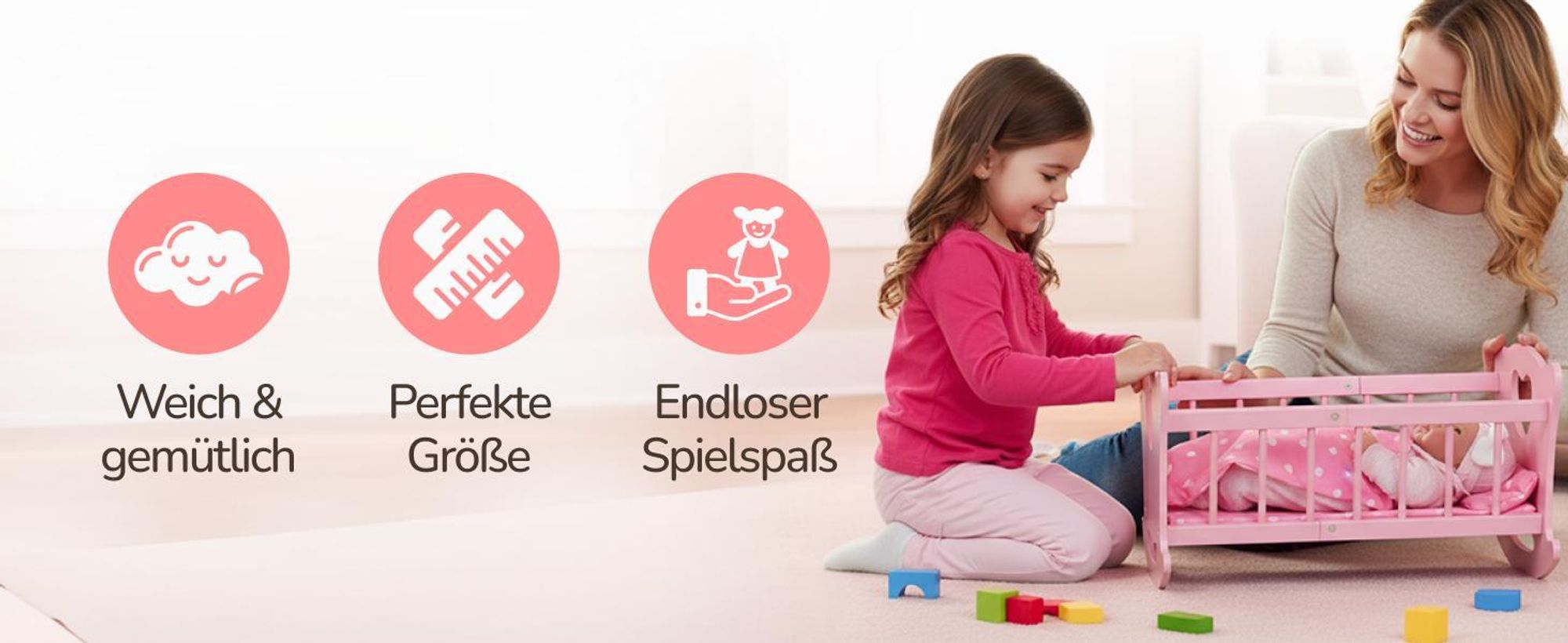 Kinderplay Holzpuppenwiege mit Bettwäsche – große Puppen-Schaukelwiege aus Holz für Puppen bis 49,5 cm – mit Matratze, Kissen und Decke – Modell GS2106