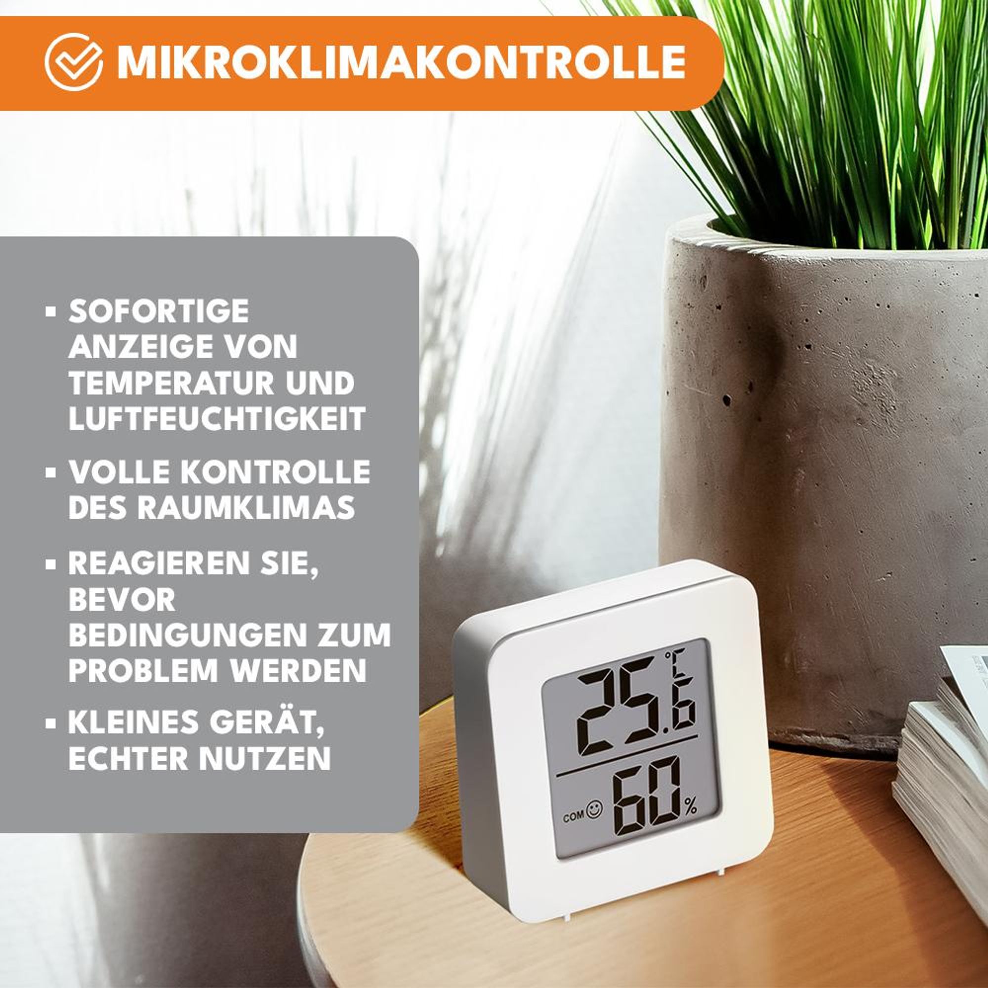 KRUMAD Digitales Thermometer Hygrometer Innen, Mini Raumthermometer mit Luftfeuchtigkeitsmesser, LCD Anzeige für Wohnzimmer Büro Schlafzimmer
