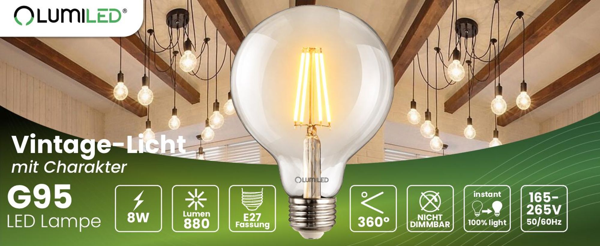 LUMILED 3x E27 LED Lampen G95 Vintage 8W Ersetzt 75W Glühlampe 880lm Leuchtmittel 3000K Warmweiß Glühbirne Retro Filament Glas Kugel Deko Birnen