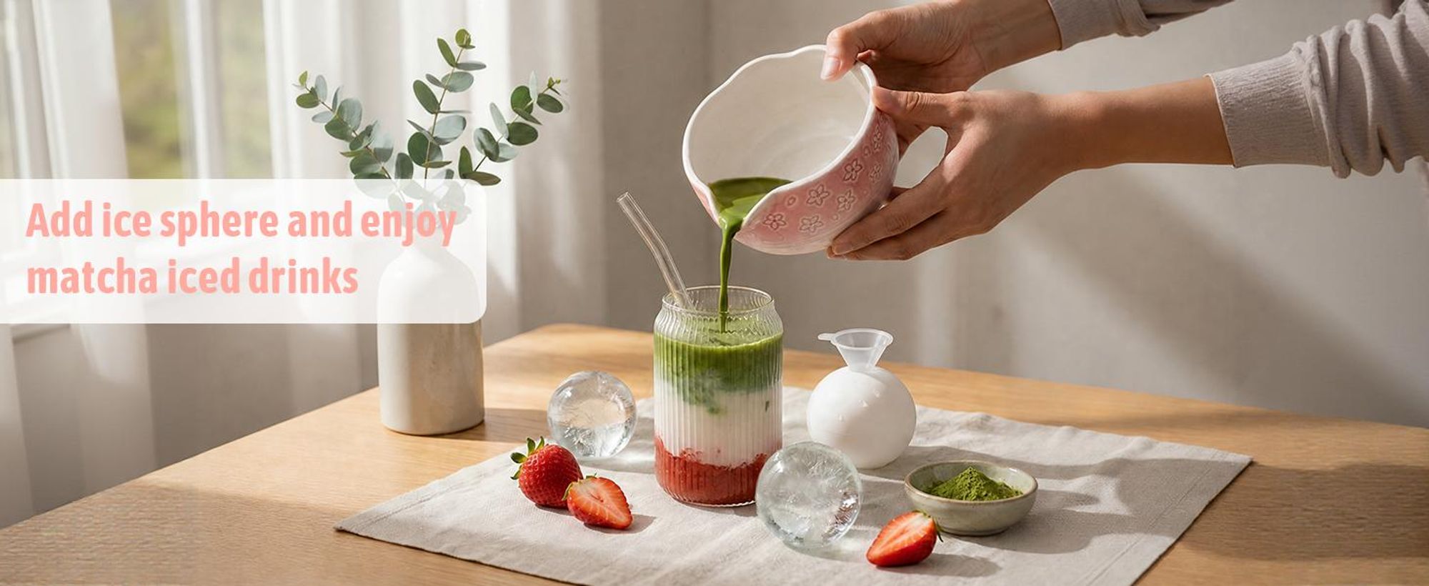 VONATES Matcha Set 9-tlg. mit Matcha-Schale, Bambus-Besener & Halter, Sieb, Löffel, Tuch, Eisform - Starter-Kit für Teezeremonie & Geschenk, Pink Farbverlauf