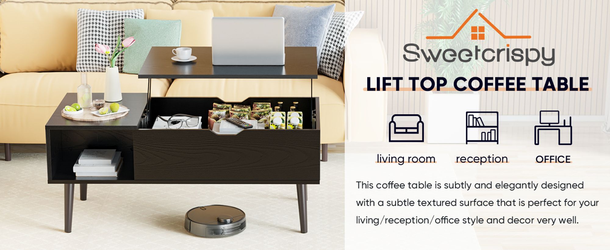 Sweetcrispy Couchtisch Höhenverstellbar, Qualität Wohnzimmertisch, Multifunktionales Coffee Table Ausziehbar, Couchtisch mit Stauraum (Schwarz)