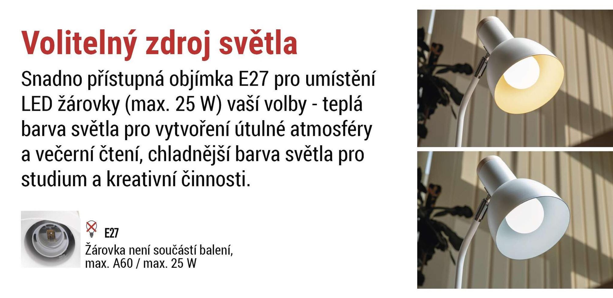 EMOS LED stolní lampa POPPY se stojanem na propisky, závit E27, kabel 1,5 m s vypínačem a eurozástrčkou, bez žárovky, E27 max. 25 W, bílá, Z7640W