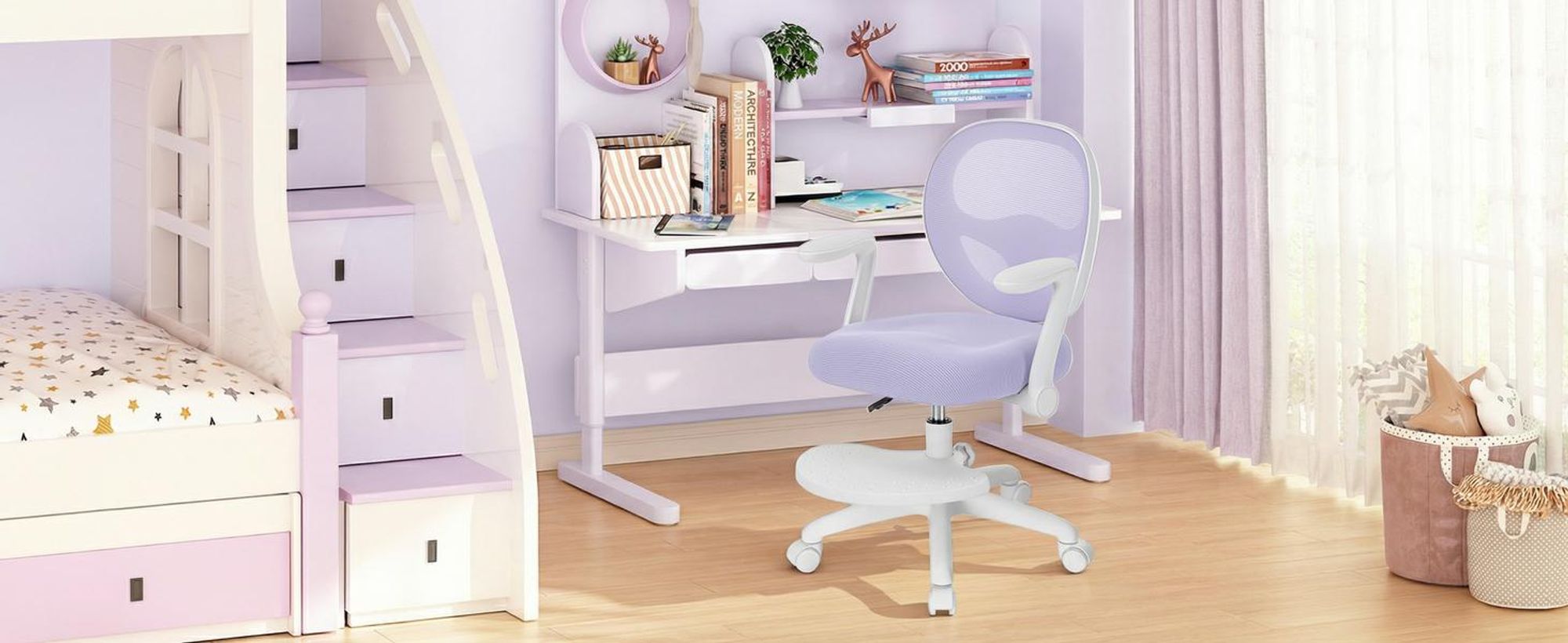 HOFFREE | Kinder Schreibtischstuhl Ergonomischer Kinderdrehstuhl | Fußablage | Höhenverstellbar | klappbaren Armlehnen | Lila