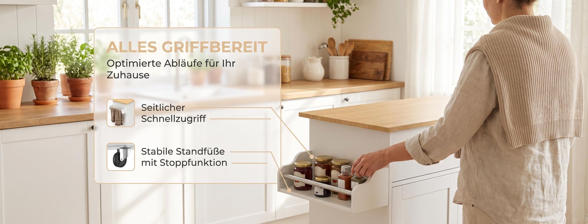 ROSEJANE Küchenwagen mit Holz-Arbeitsplatte, Servierwagen auf Rollen mit Schublade, Schrank & Gewürzregal, mobiler Küchenrollwagen, Weiß, 115 x 36 x 90 cm
