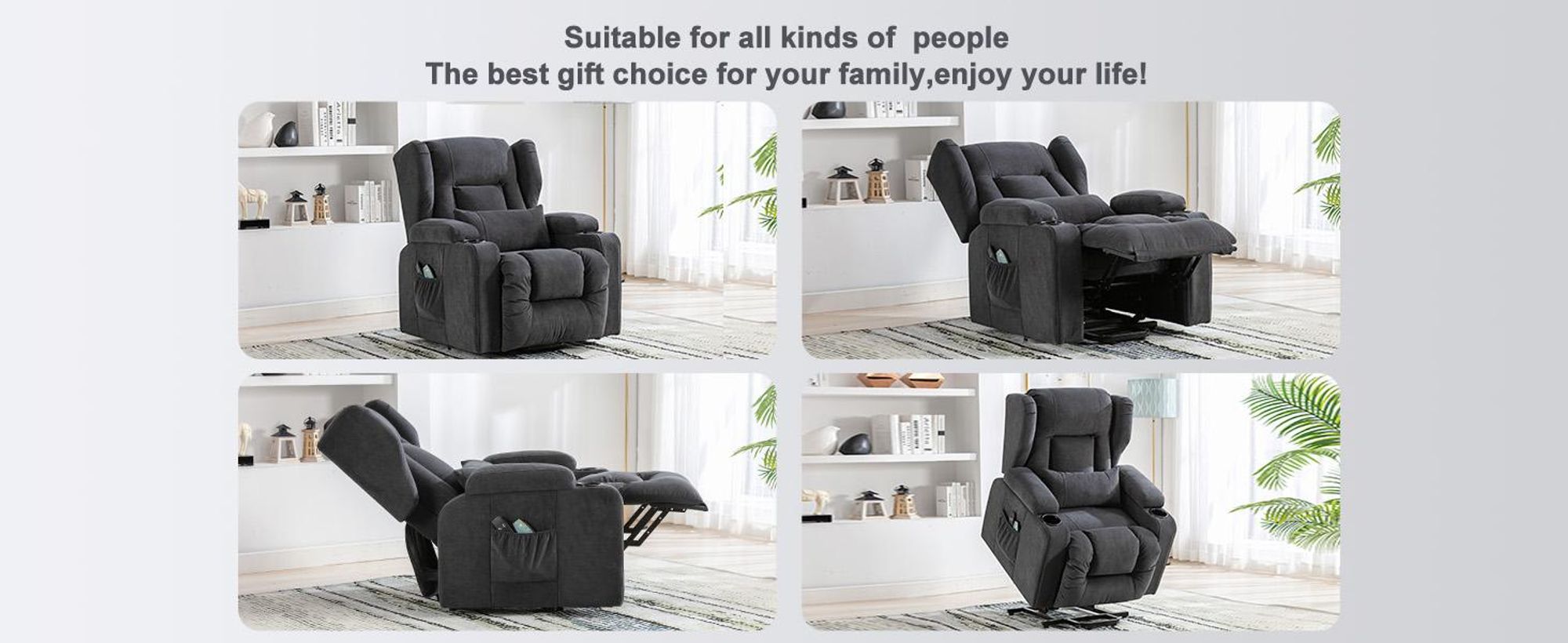 COMHOMA Relaxsessel Aufstehhilfe Massagesessel Fernsehsessel Liege mit Massage Ergonomischer Sessel Stoffoberfläche grau Neu ungeöffnete Verpackung