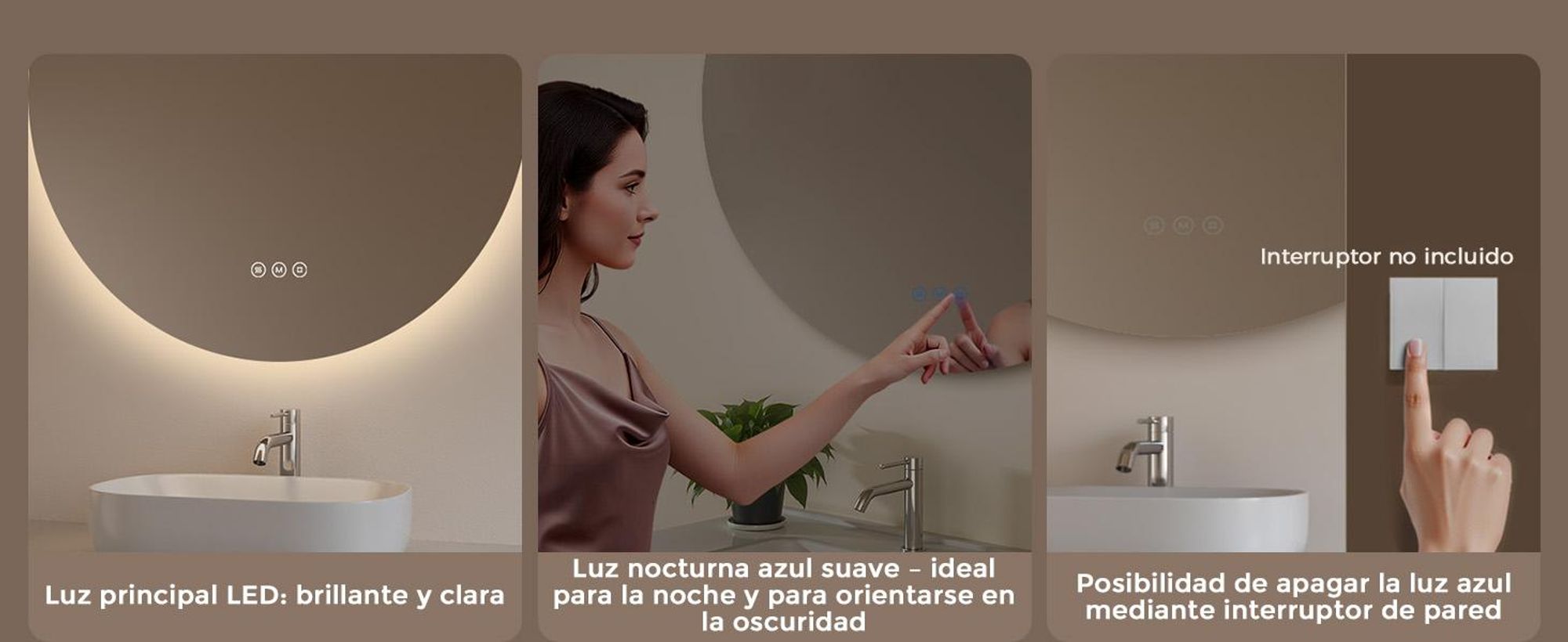 Espejo baño con luz LED redondo 70 cm S'AFIELINA, espejos de baño con led, espejo con luz baño, antivaho, regulable, 3 tonos de luz, memoria, IP65